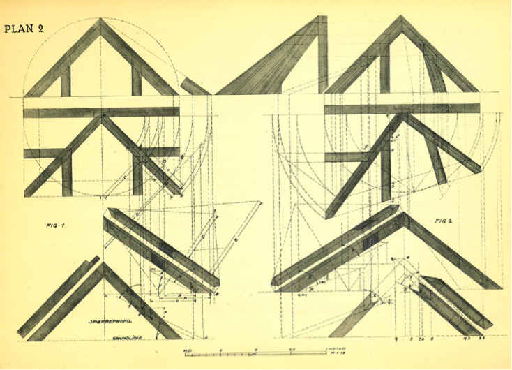 Figur 22. N. Peder Nielsen 32. plan 2. Dette er «øvingsoppgave nr. 2» i boka. Etterhvert kommer Nielsen inn på mer komplekse konstruksjoner. Til høyre i plansjen har vi en valm på en gavl som er ute av vinkel, vi ser hvordan dette straks blir mer ko…