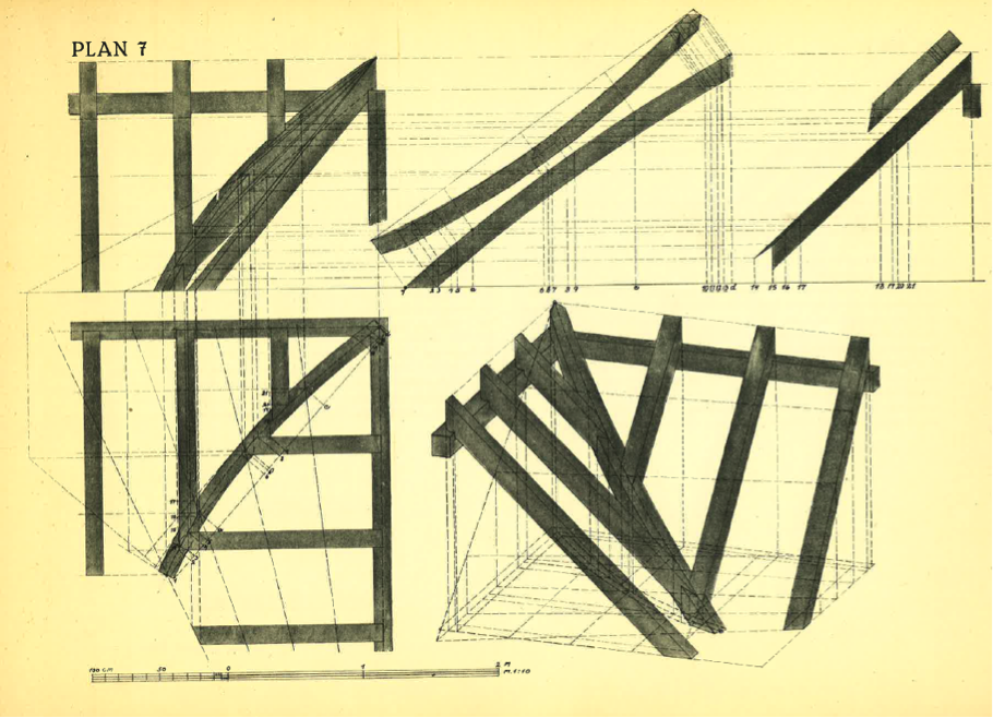 Figur 31. N. P. Nielsen 1932. Plan 7. Vi ser en del av et tak med kilsperr i en vindskjev takflate, her har en valgt å utarbeide et kilsperr som buer i to ulike plan. Dette er gjennomførbart men det er usikkert om slike tak faktisk eksisterer i Norg…