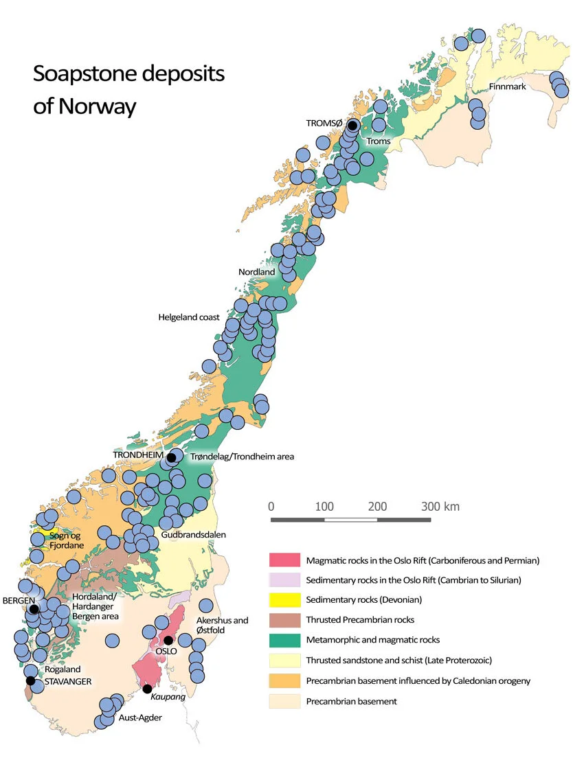 KLEBERBRUDD: De viktigste klebersteinsforekomstene i Norge. Storparten av forekomstene har eldre og/eller nyere brudd. Kart modifisert fra&nbsp;mineralressursdatabasen til ngu.no.