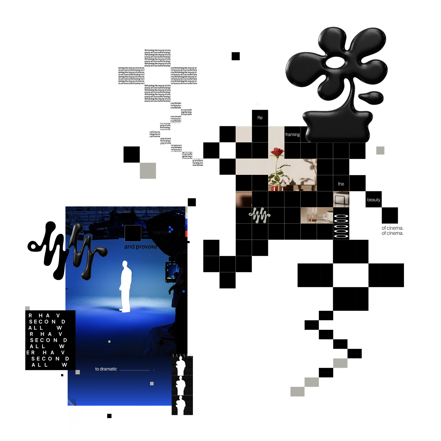 Abstract digital collage featuring black pixel art, a potted plant with a red flower, a silhouette of a person on a blue background, and scattered text and graphics about cinema and creativity.