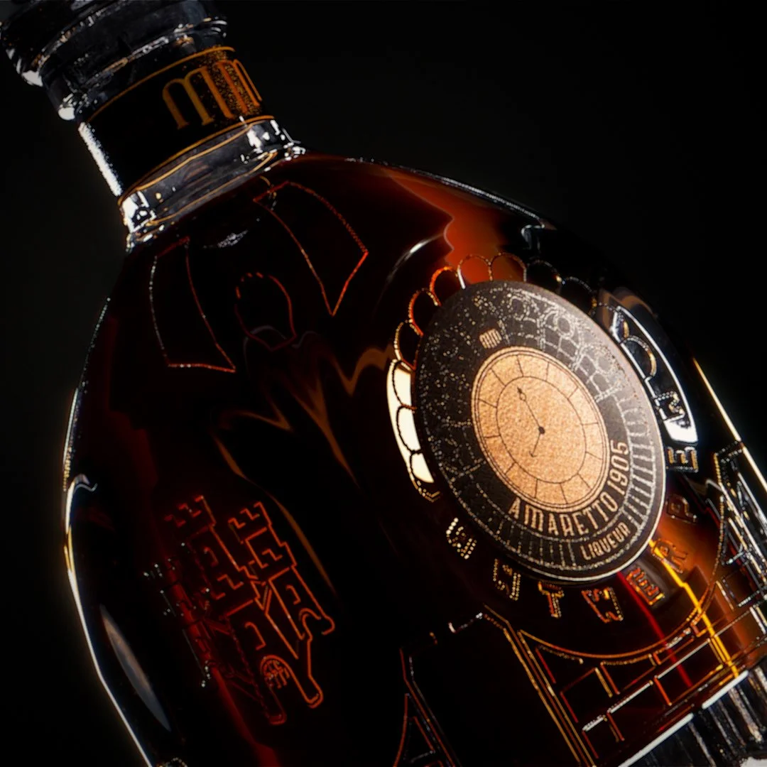 A black bottle with intricate orange and gold circuit-like designs and a circular label featuring the word 'Amaretto'. The label also has a clock face with the year 1906, and the word 'Lovere'.