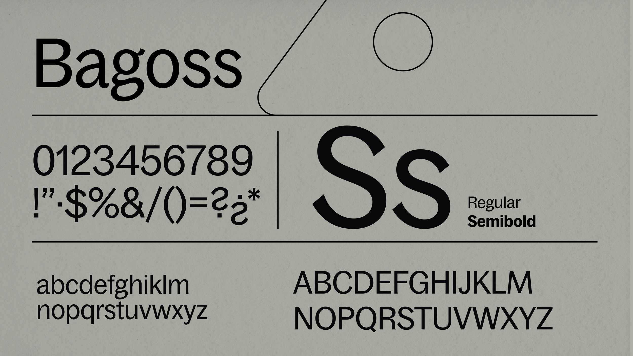 Sample display of the Bagoss typeface, including uppercase and lowercase alphabets, numbers, and special characters, with font style details such as regular and semibold.