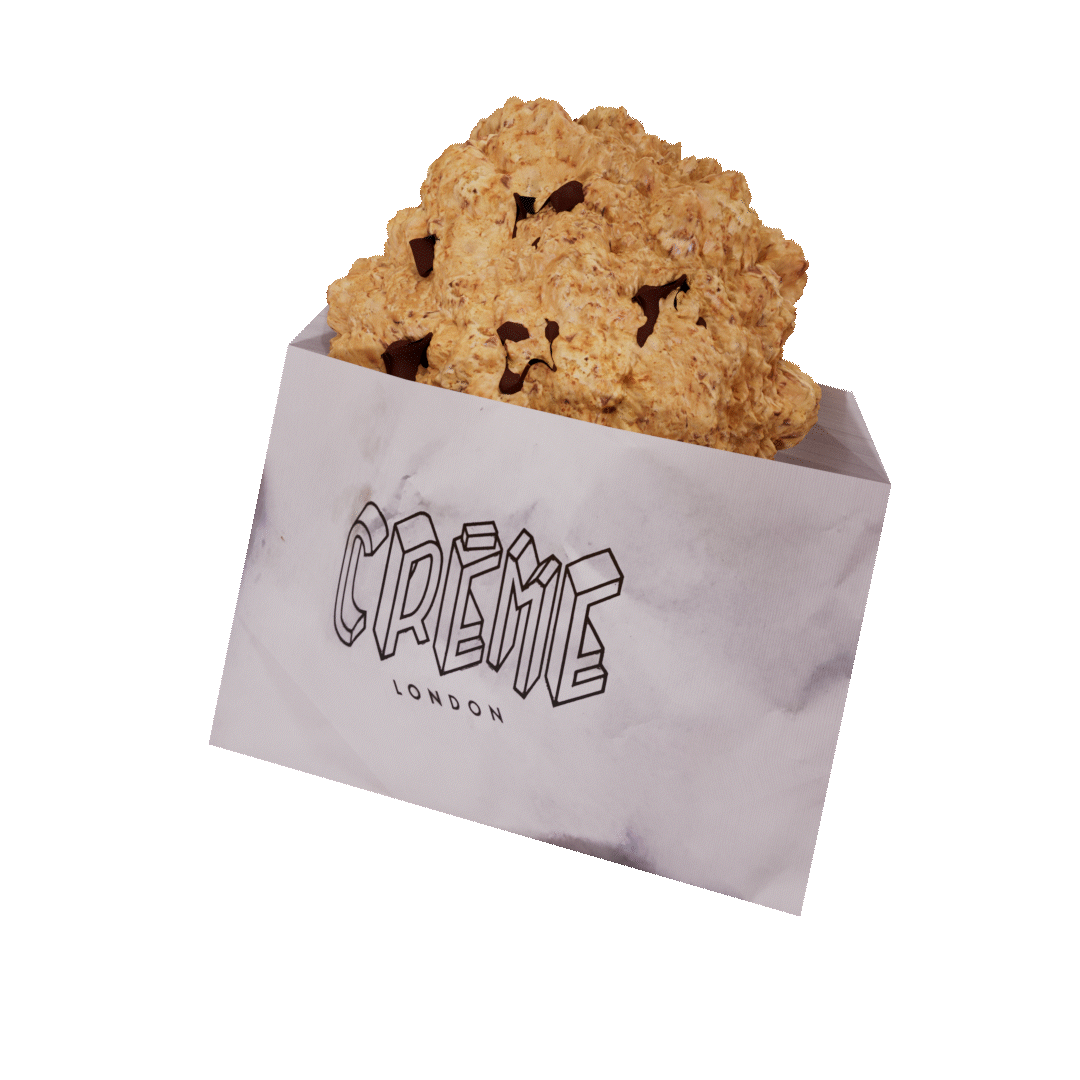A box of large cookies with chocolate chunks inside, labeled 'CREME LONDON' on white paper wrapping.