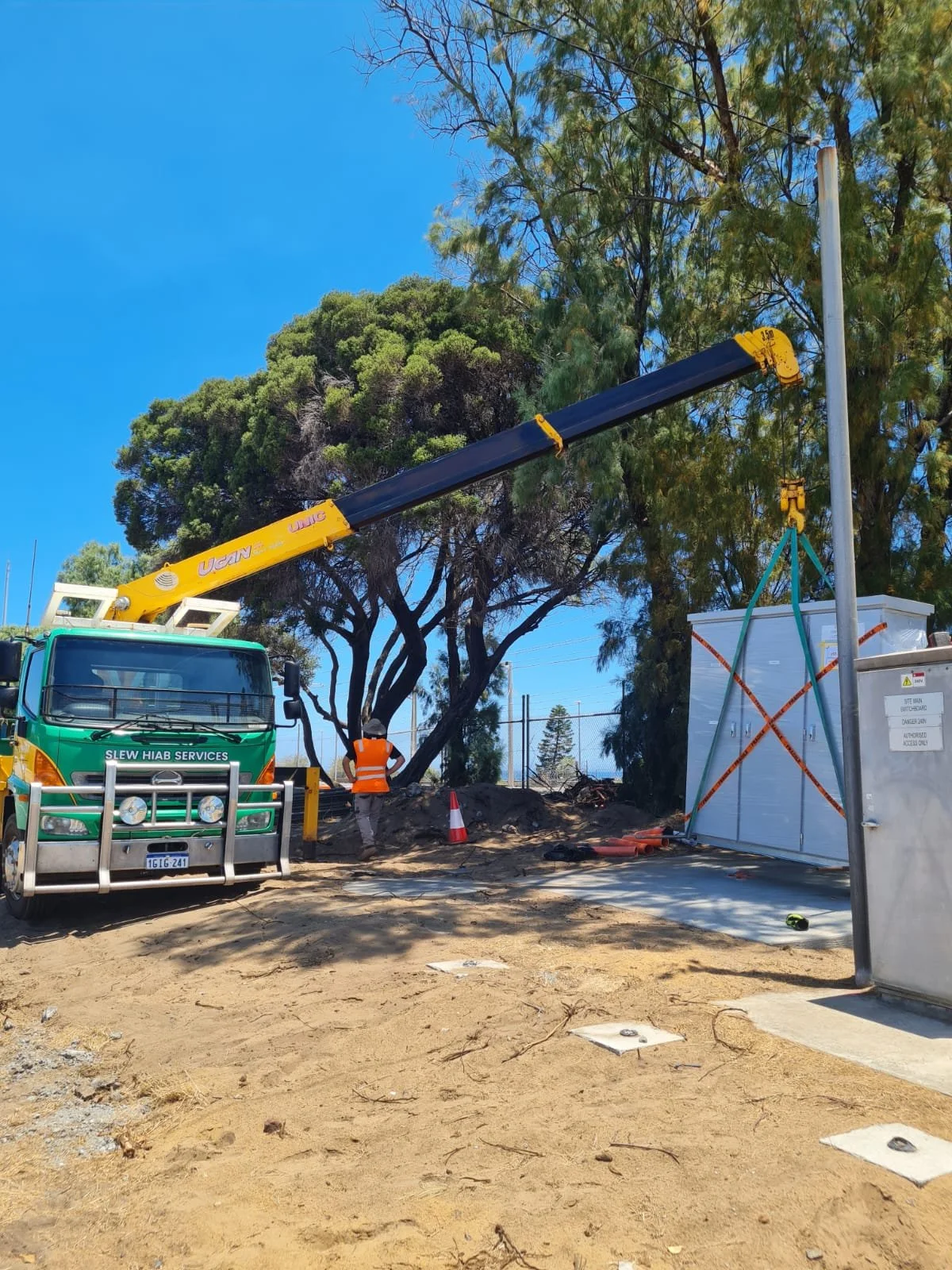 Specialist switchboard transport and installation services in Perth and Regional WA with our Hiab crane truck for safe handling, delivery and precise placement of electrical infrastructure.