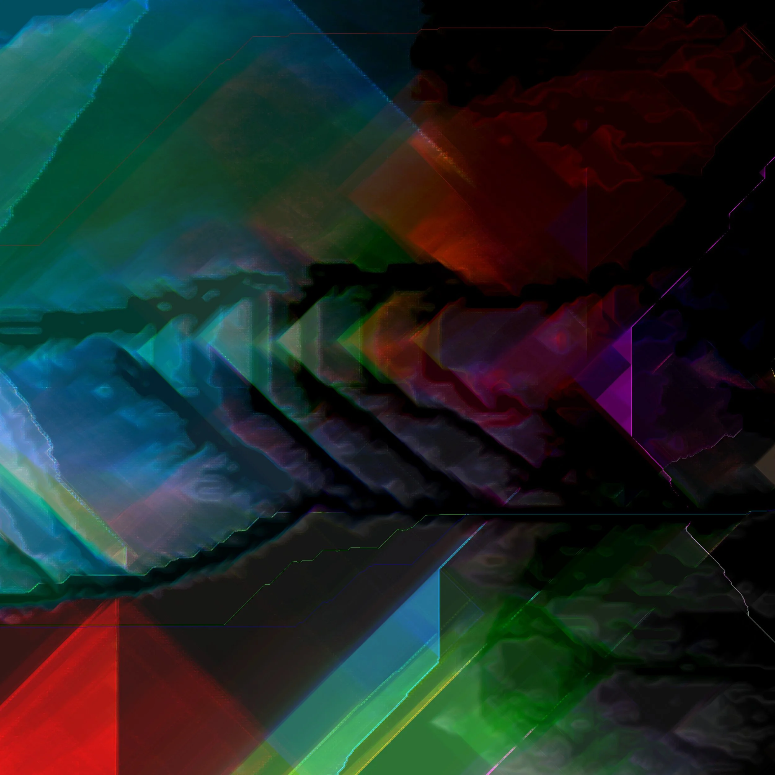 Abstract digital art with vibrant, multicolored geometric shapes and lines layered in a complex, futuristic pattern.