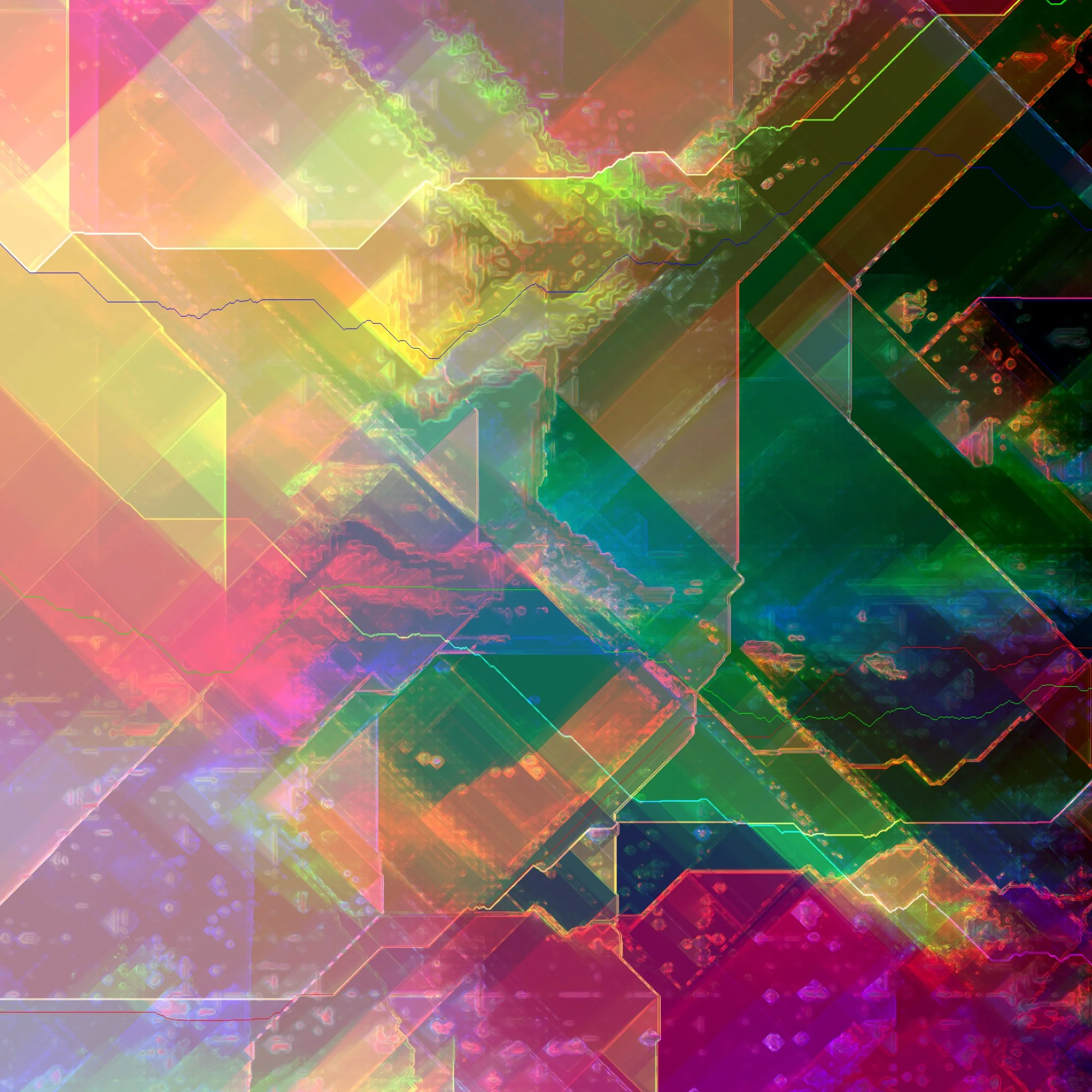 Abstract digital artwork with vibrant colors, geometric shapes, and glowing lines in a complex pattern. Generative Art. A Thousand Kisses Deep.