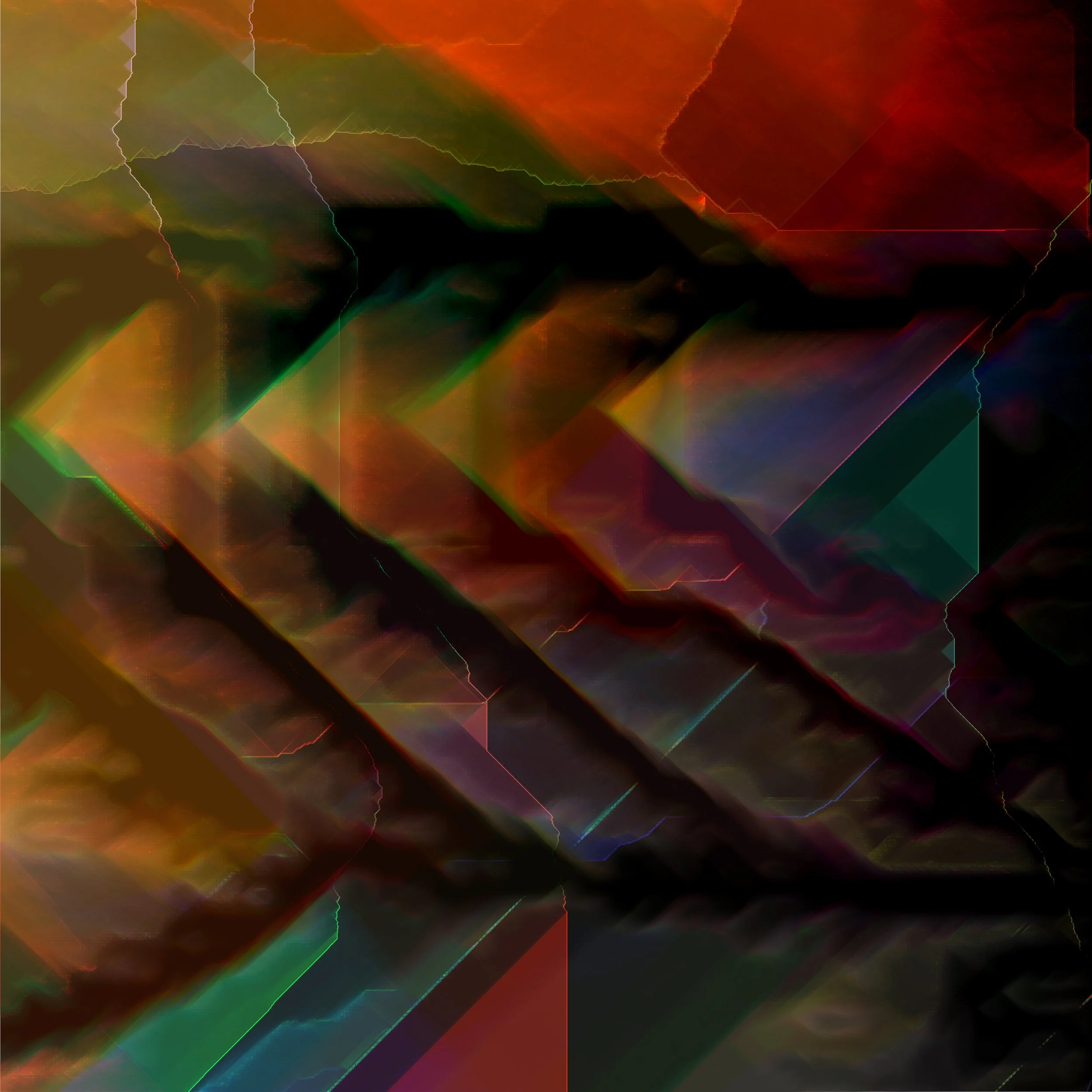 Abstract digital artwork with multicolored geometric shapes and lighting effects. Generative Art. A Thousand Kisses Deep.