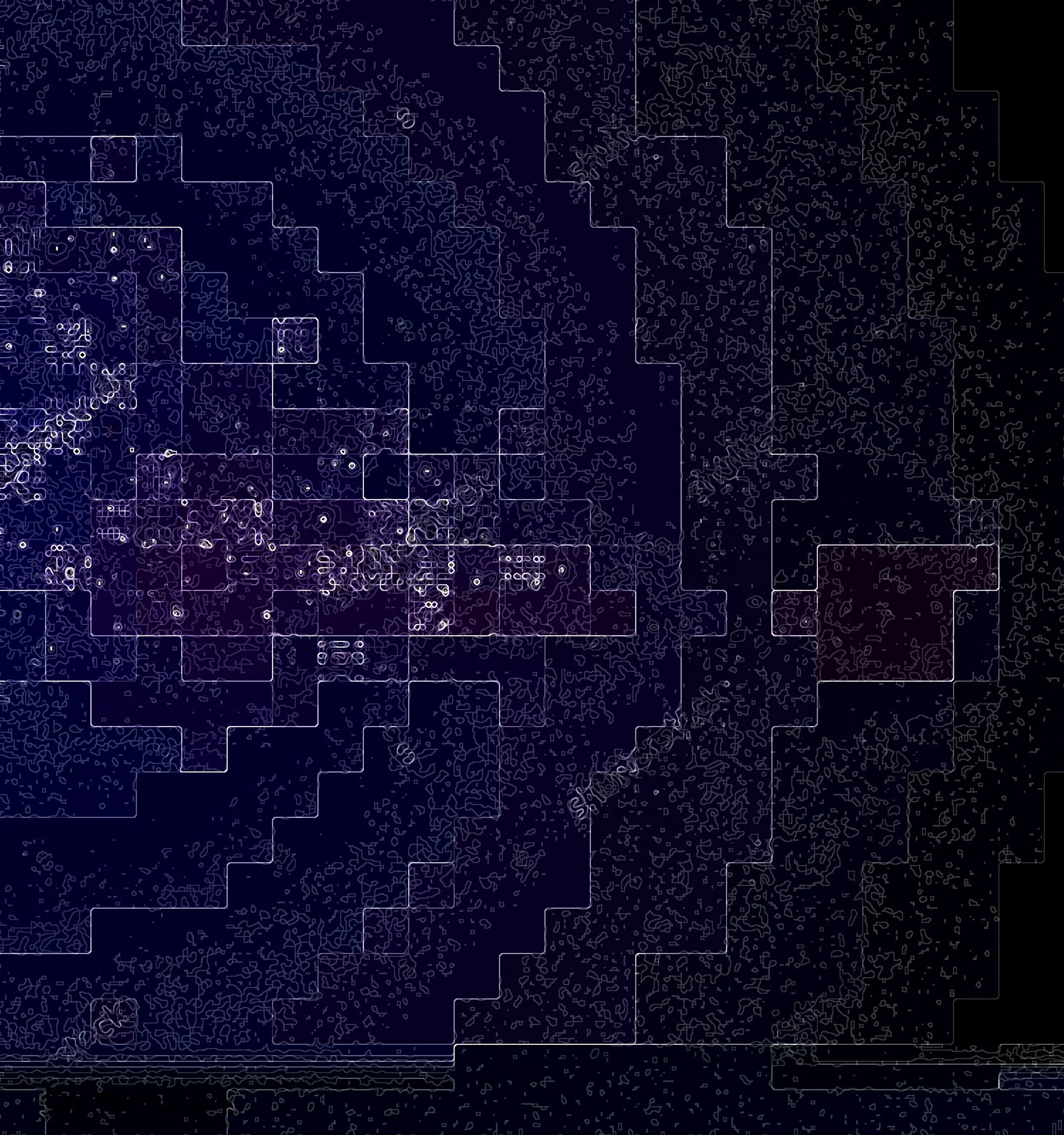Abstract digital art with neon-like outlines and glowing white dots on a dark background, resembling a futuristic network or map. Digital Art.  Generative Art