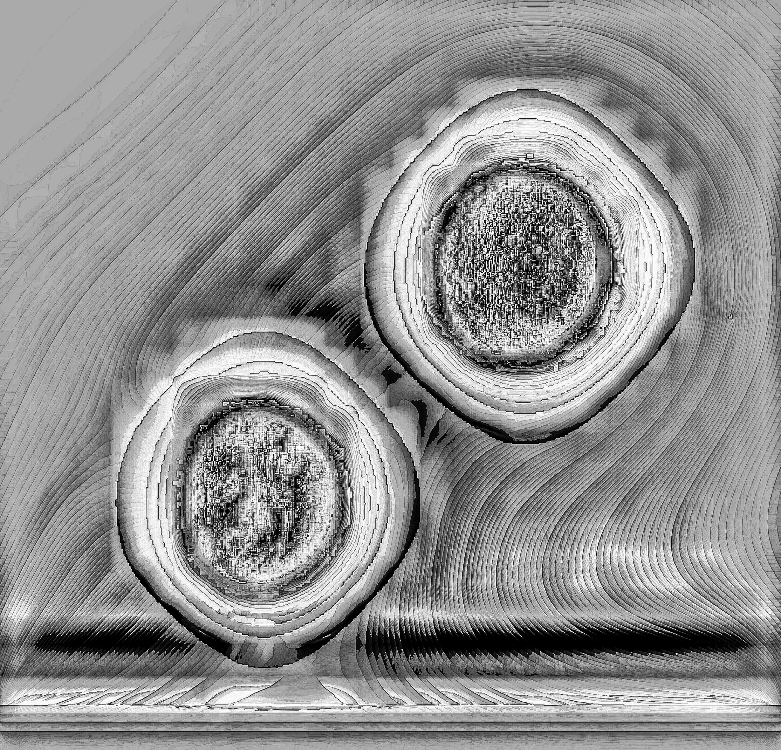 A highly stylized, black and white, abstract image of two batteries with textured tops, surrounded by circular lines and patterns. Generative Art