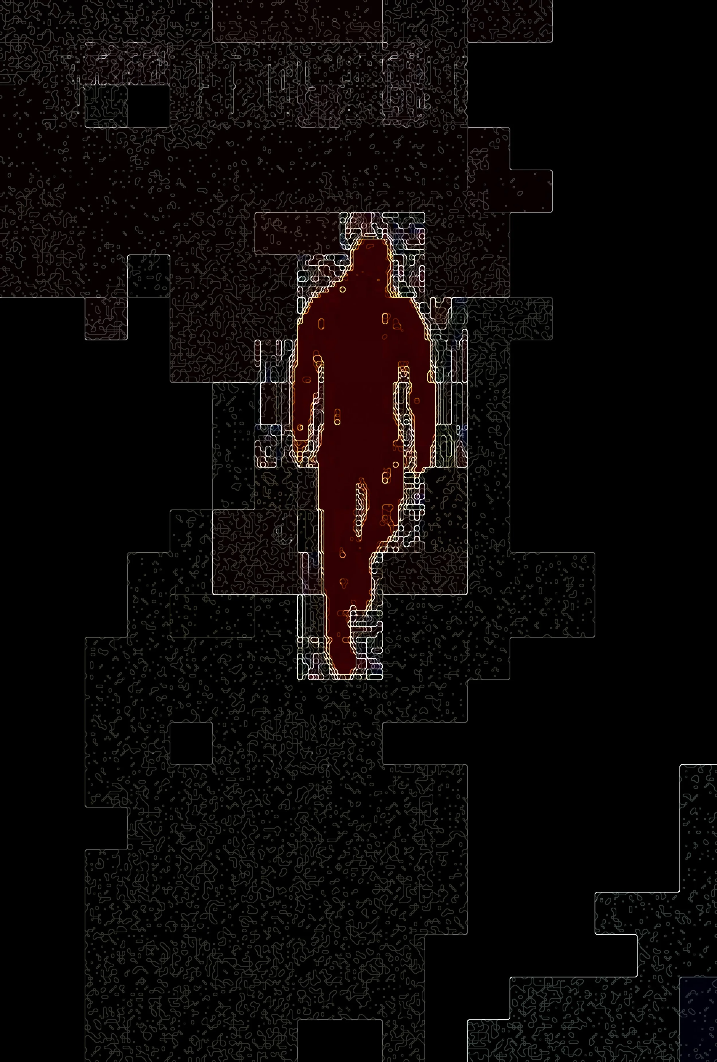 An abstract digital image of a person with a red silhouette, outlined with neon-like lines, set against a black background with geometric shapes and intricate line patterns. Digital Art.  Generative Art