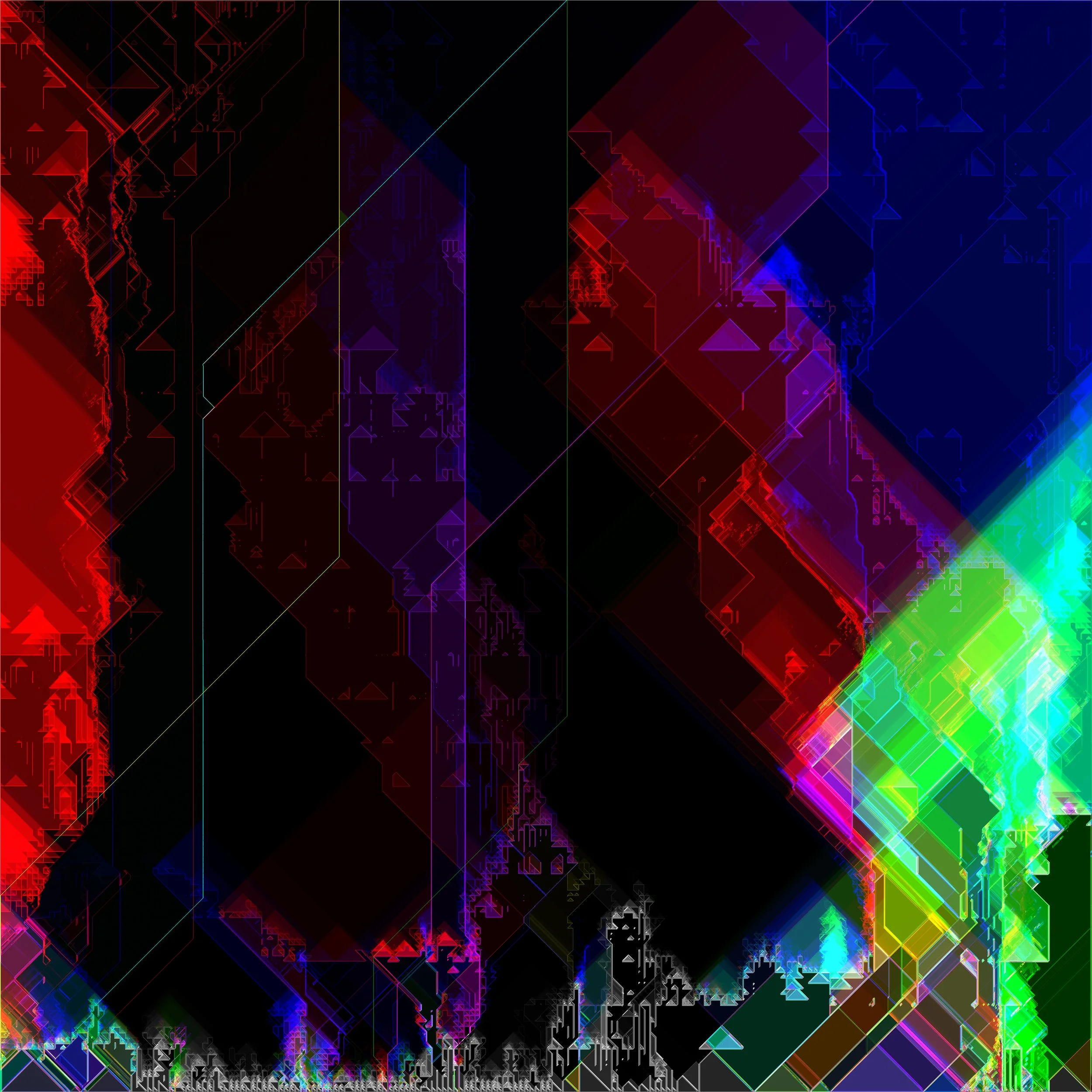Abstract digital art with vibrant colors including red, purple, blue, green, and black, featuring geometric shapes and pixelated patterns.