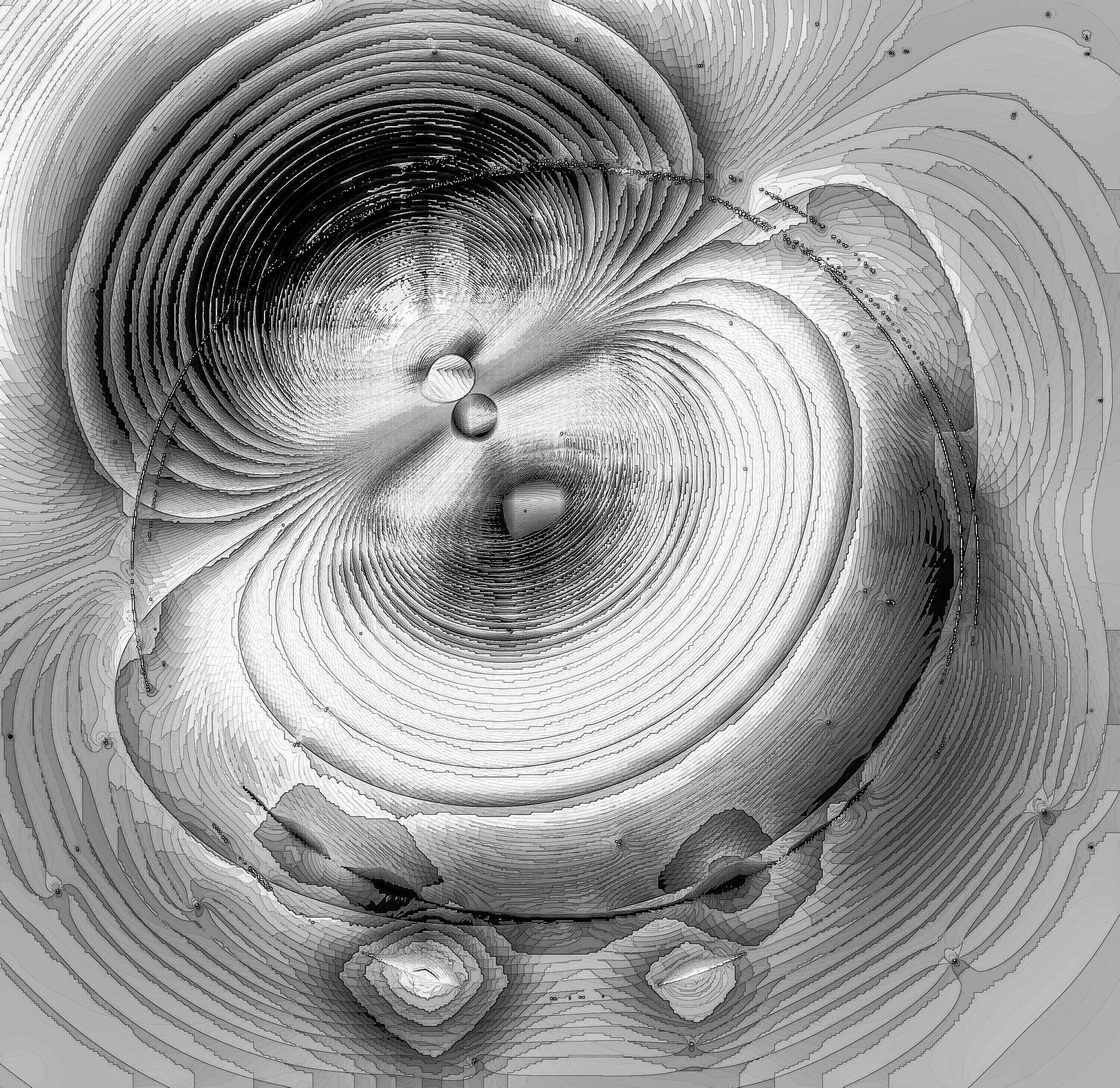 A grayscale computer-generated image depicting an abstract, swirling, three-dimensional space with concentric wave-like contours and spherical objects floating within.  Generative Art