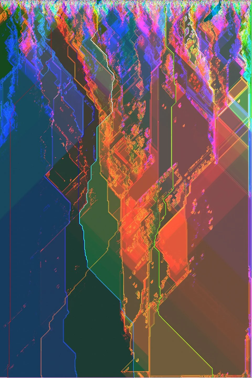 Abstract digital artwork featuring vibrant, colorful geometric lines and shapes, creating a complex, layered composition. Generative Art. A Thousand Kisses Deep.
