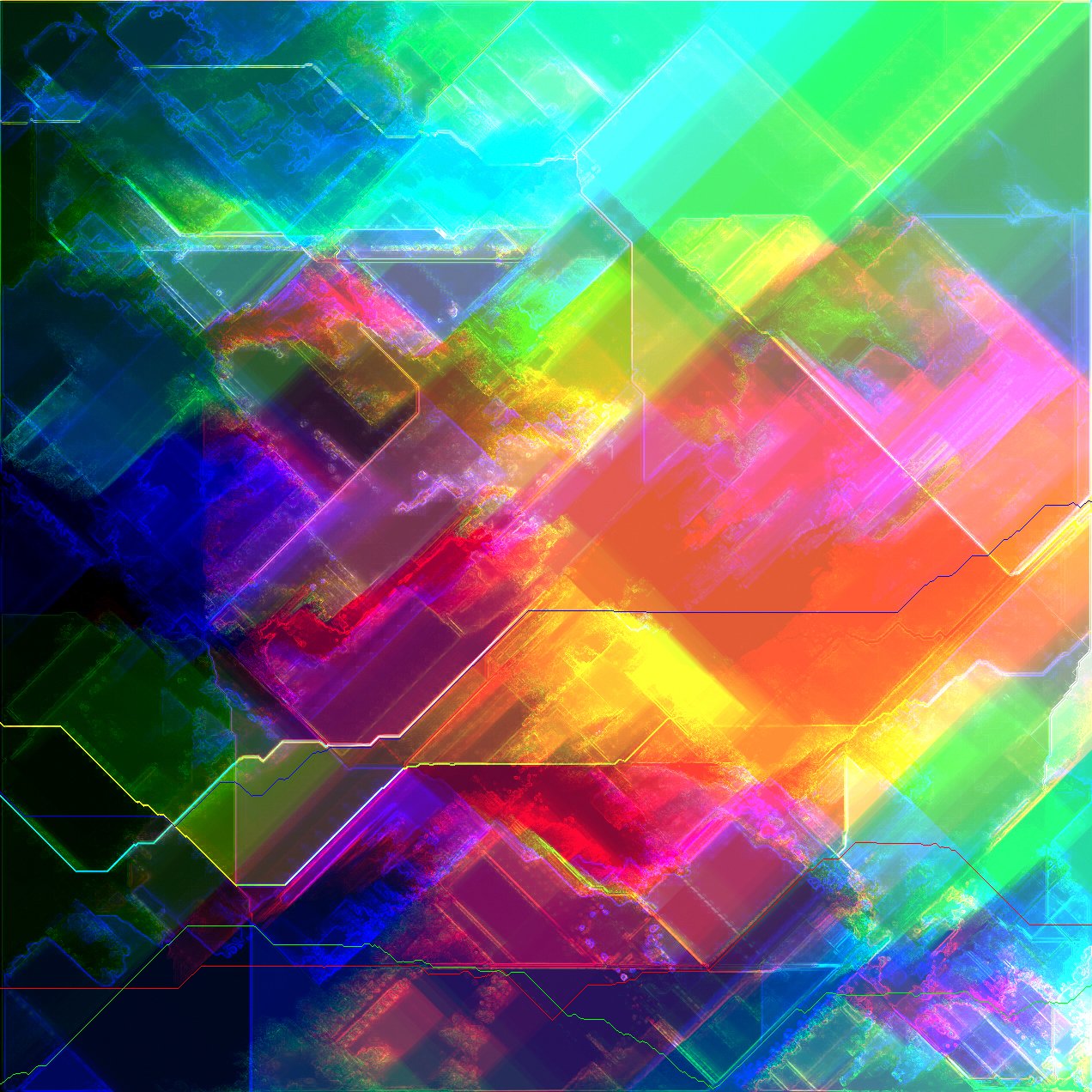 Abstract digital artwork with vibrant, neon-colored geometric shapes and lines forming a complex, layered pattern. Generative Art. A Thousand Kisses Deep.