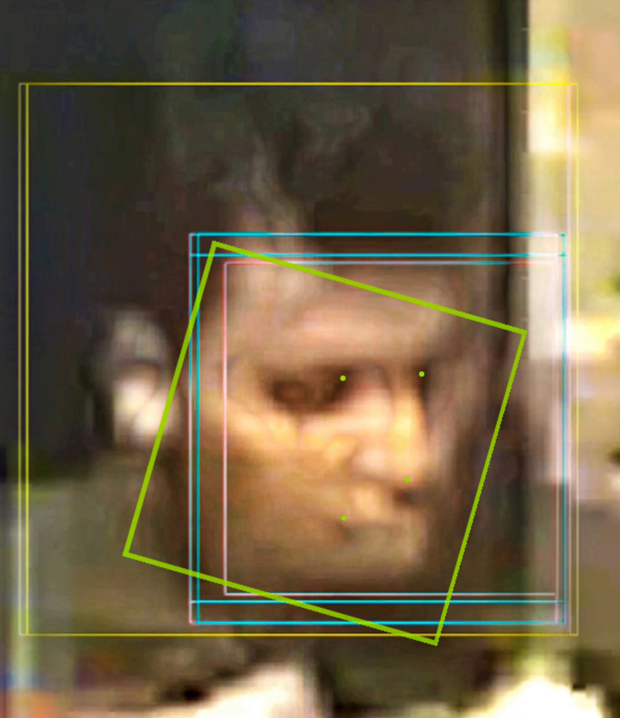 A pixelated close-up of a person's face, with facial recognition analysis overlays, including multiple colored rectangles and lines. Digital Art. Generative Art. Face detection