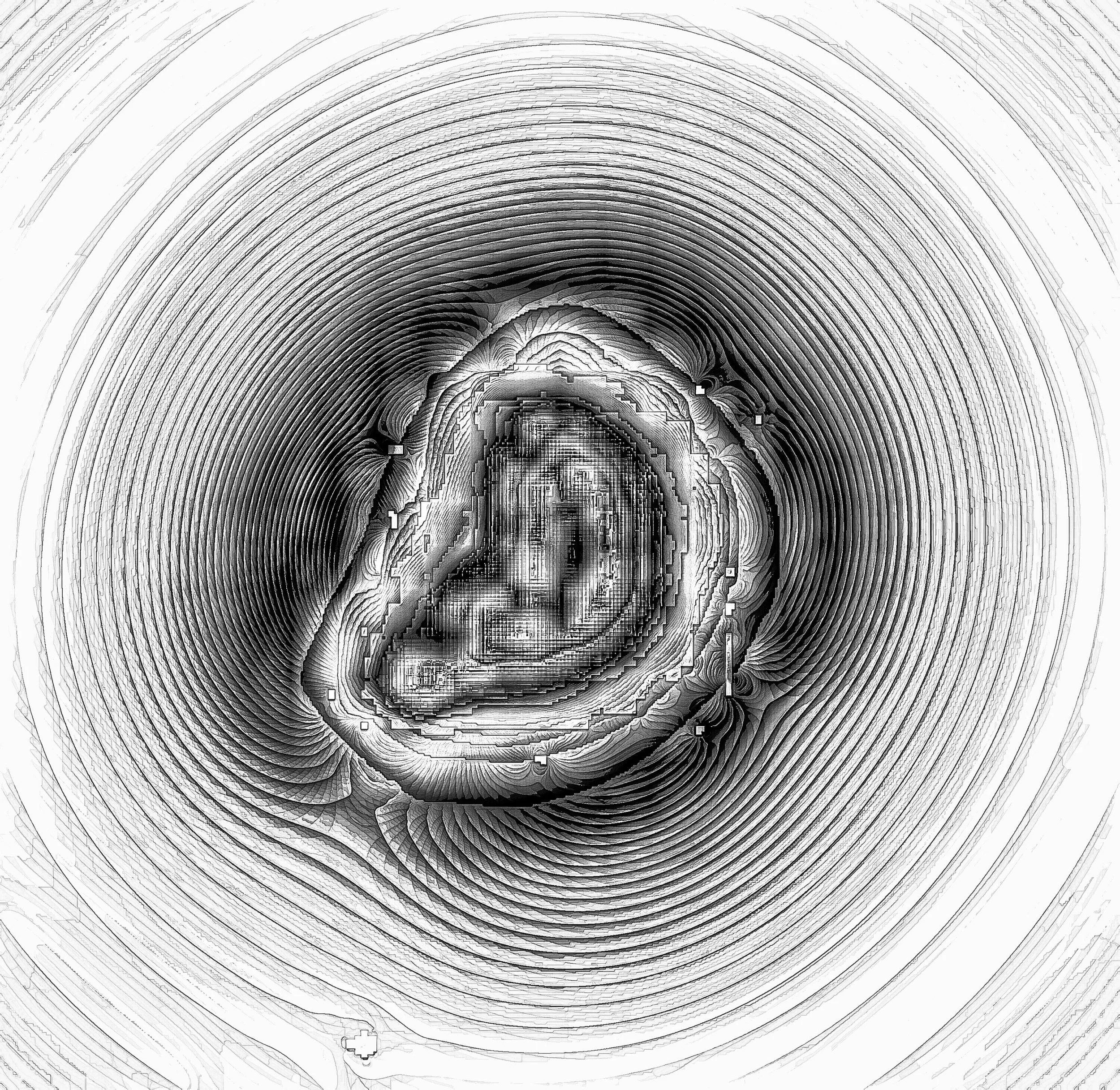 A black and white contour map with concentric lines radiating outward, depicting a topographical or geological feature.  Generative Art