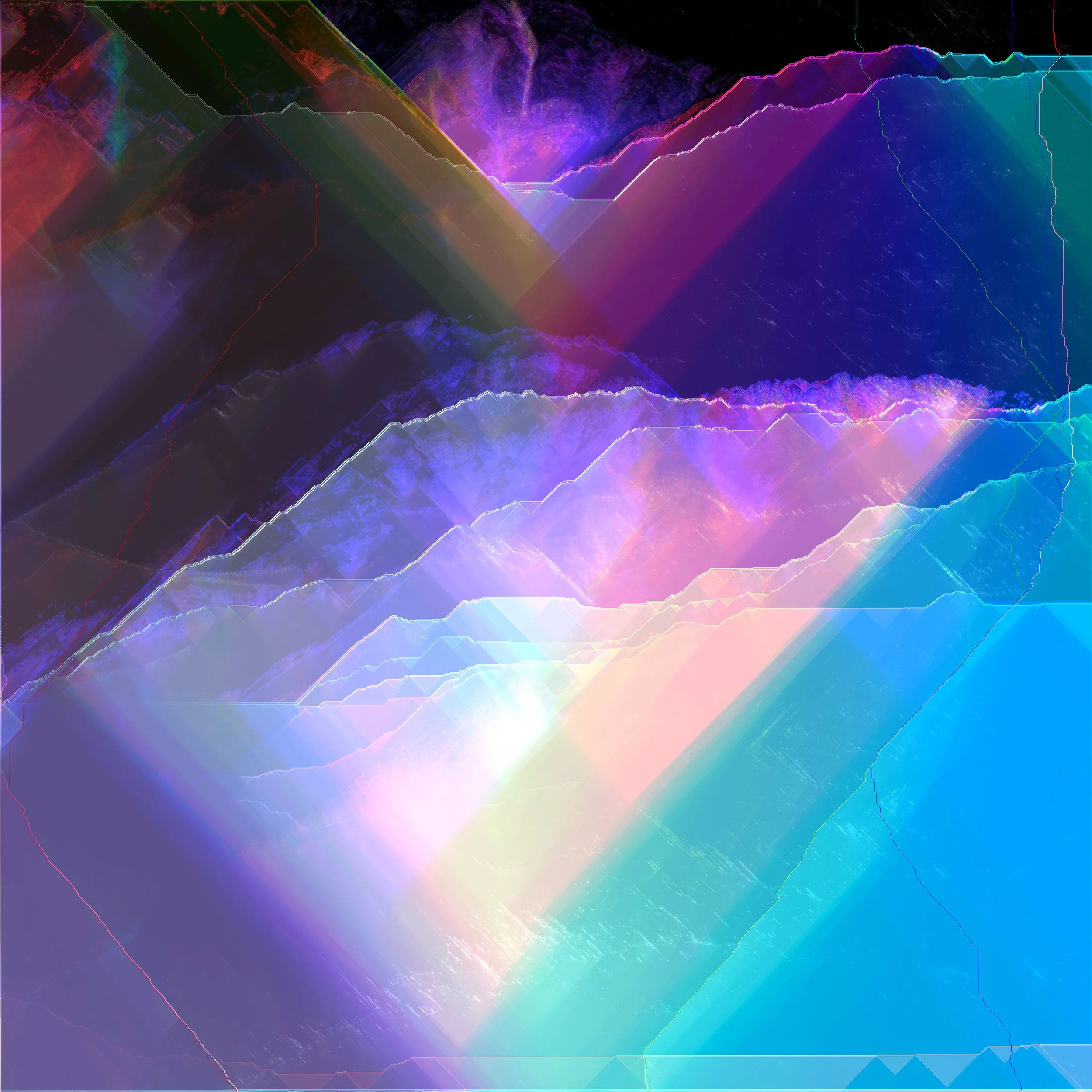 Abstract digital artwork with multicolored layered lines and shapes resembling a mountain range, with vibrant neon hues and light effects.