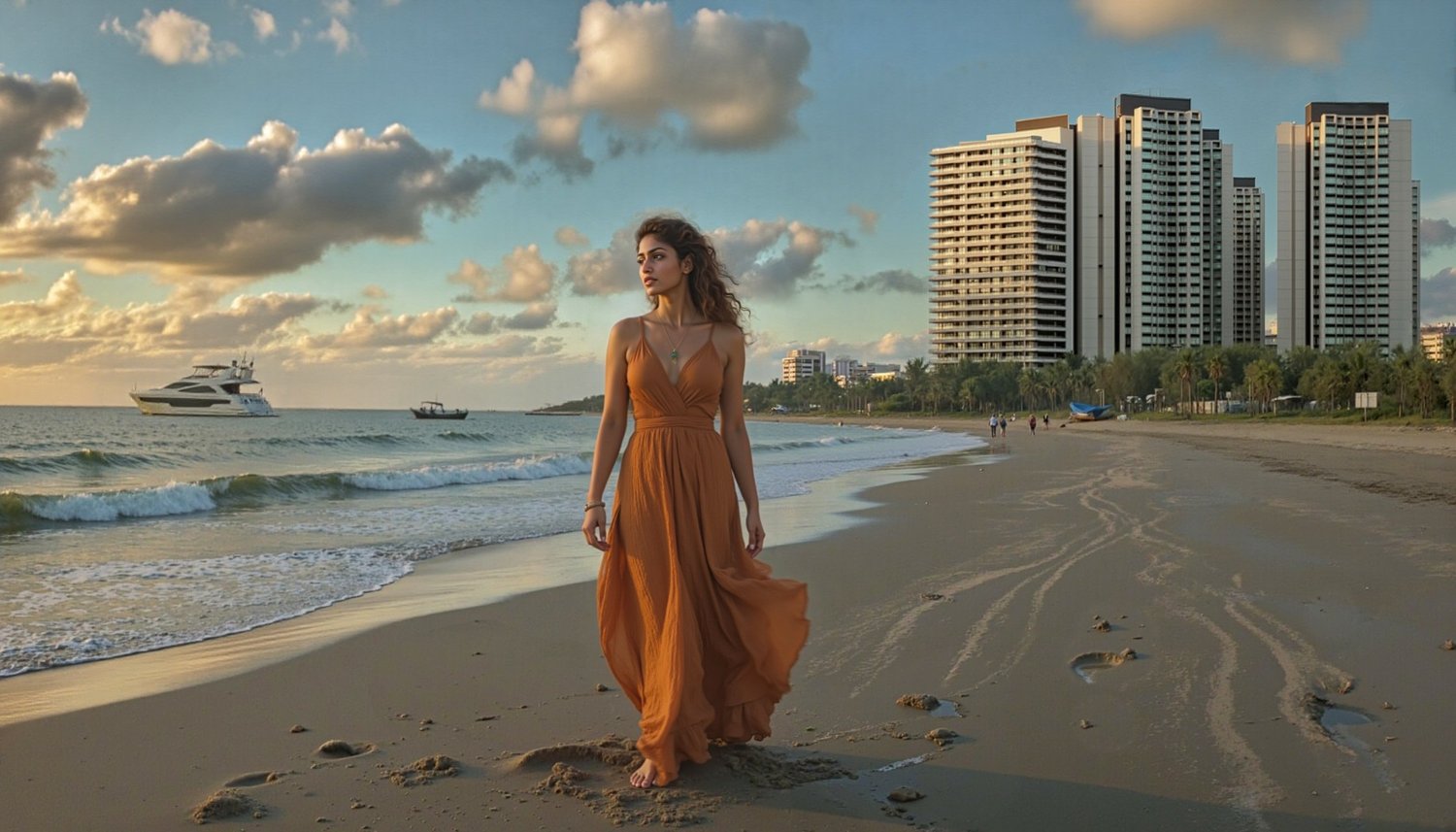 First AI draft — model in orange dress with the render integrated.