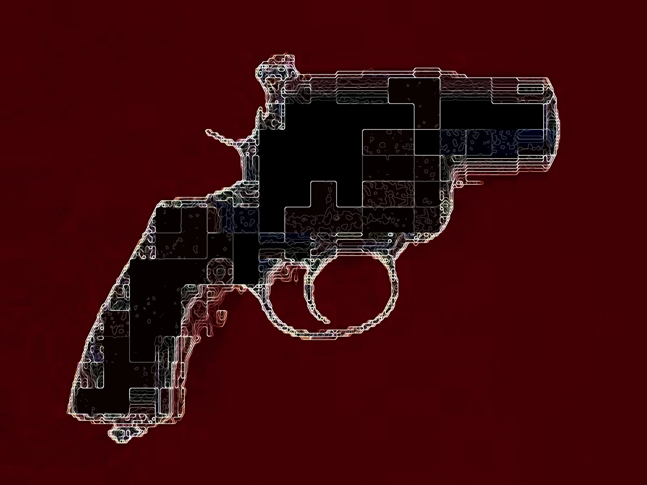Digital illustration of a handgun in a circuit board style on a dark red background. Digital Art.  Generative Art