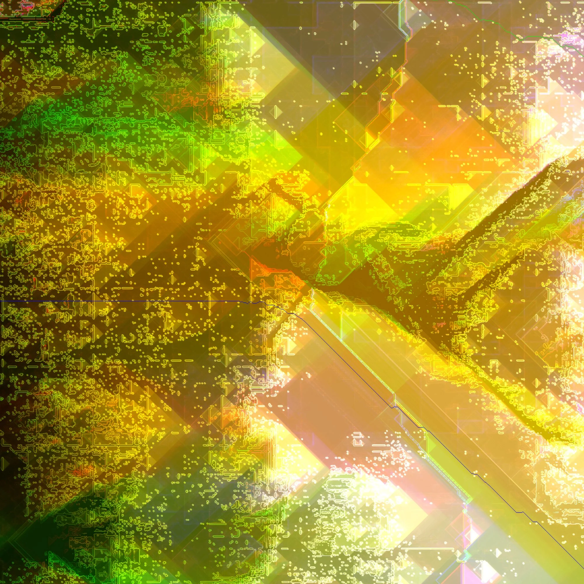 Abstract digital artwork with vibrant yellow, green, and orange colors, featuring geometric shapes and circuitry-like patterns. Generative Art. A Thousand Kisses Deep.