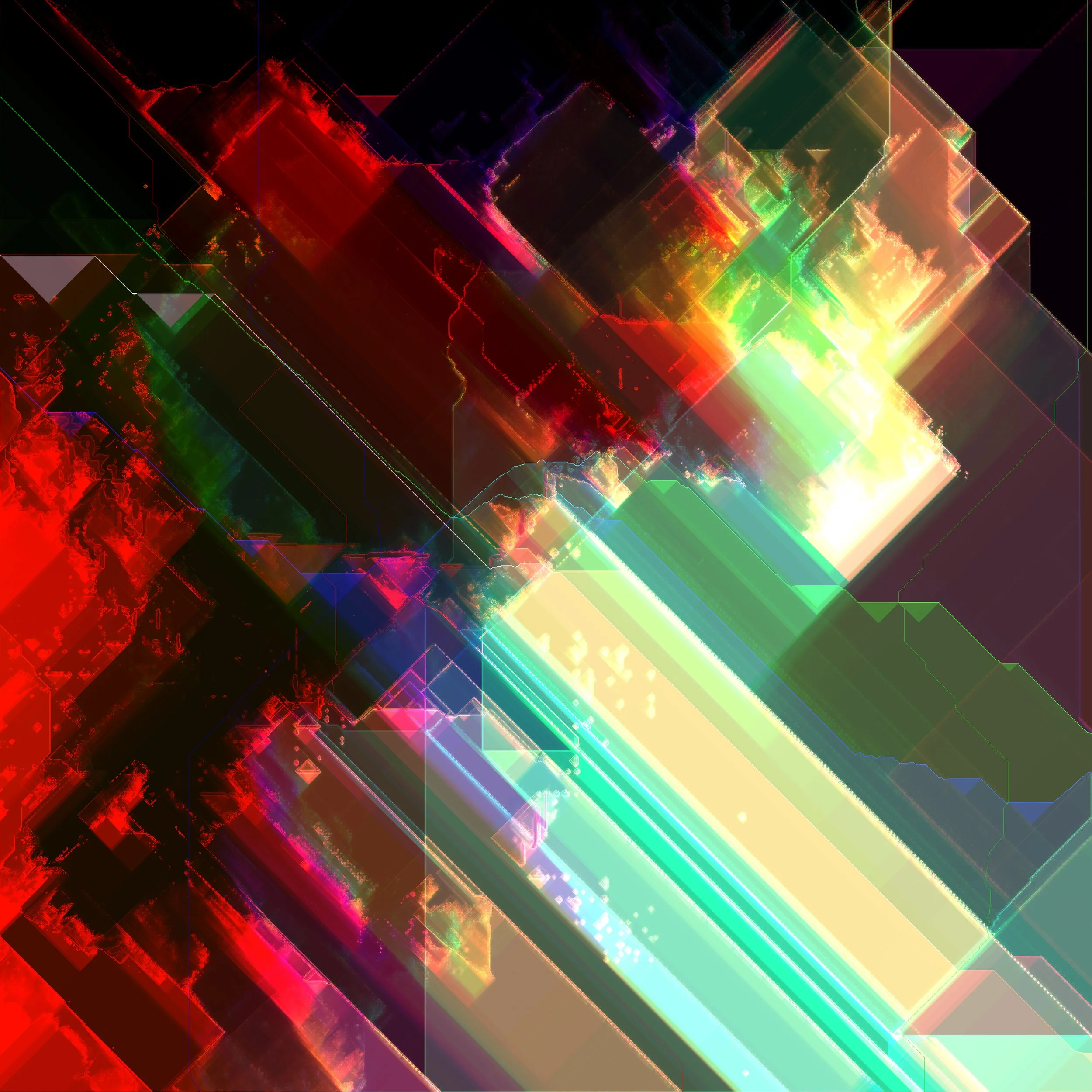 Abstract digital artwork with vibrant, geometric, multicolored light streaks and shapes against a black background. Generative Art. A Thousand Kisses Deep.