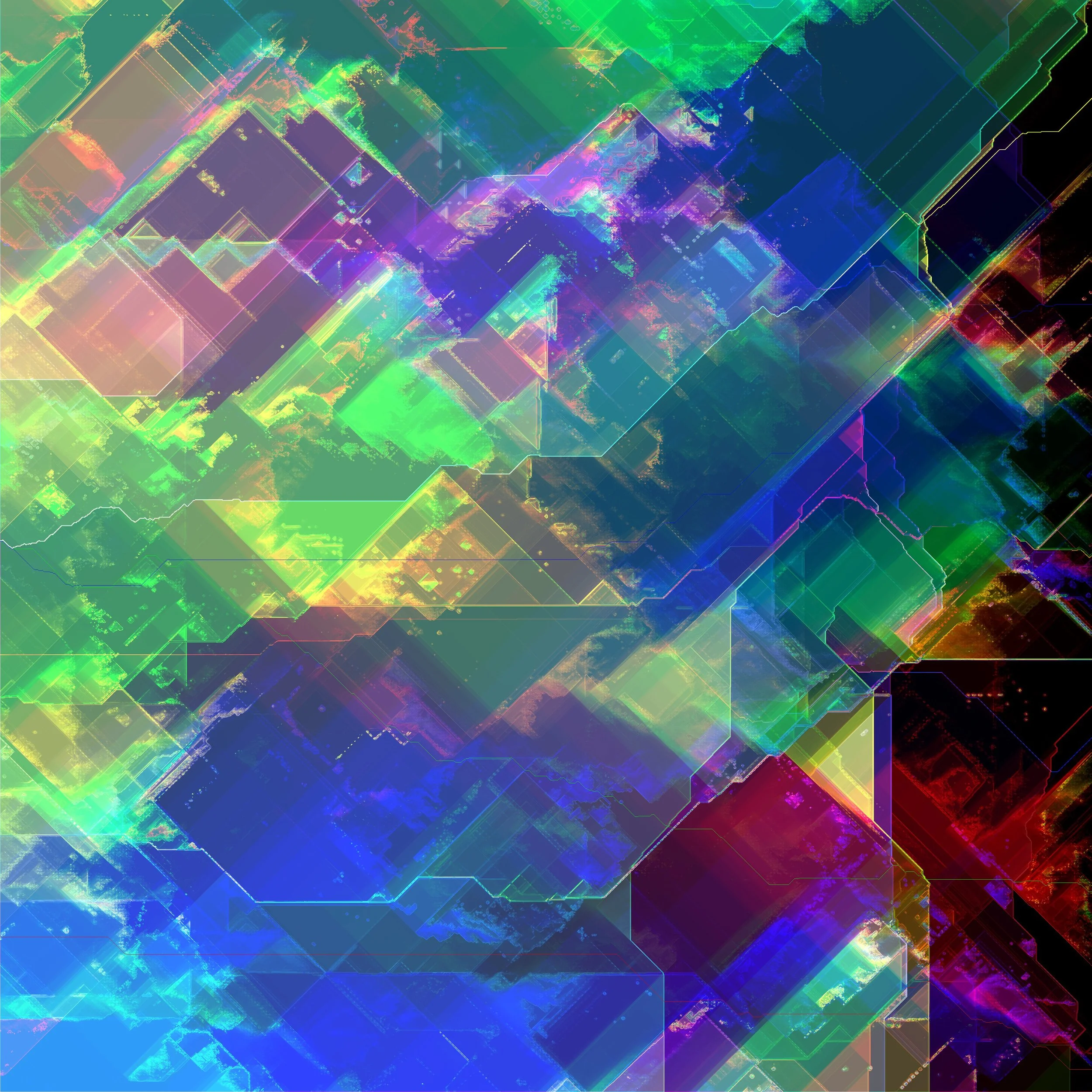 Abstract digital artwork with colorful geometric shapes and glowing lines in shades of green, blue, purple, red, and yellow. Generative Art. A Thousand Kisses Deep.