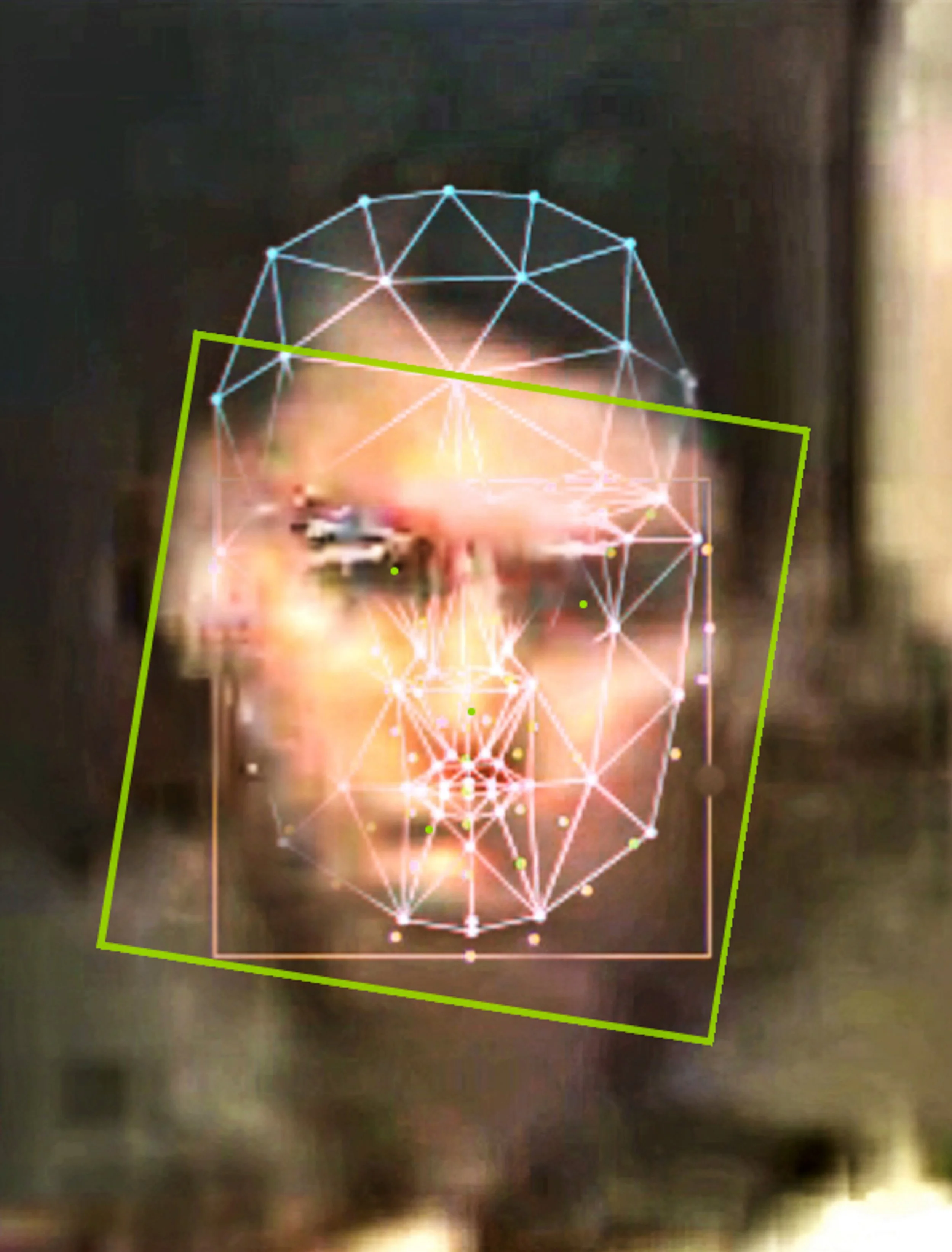 Close-up of a person's face with digital facial recognition overlay, including geometric lines and points, focusing on the facial features. Digital Art. Generative Art. Face detection