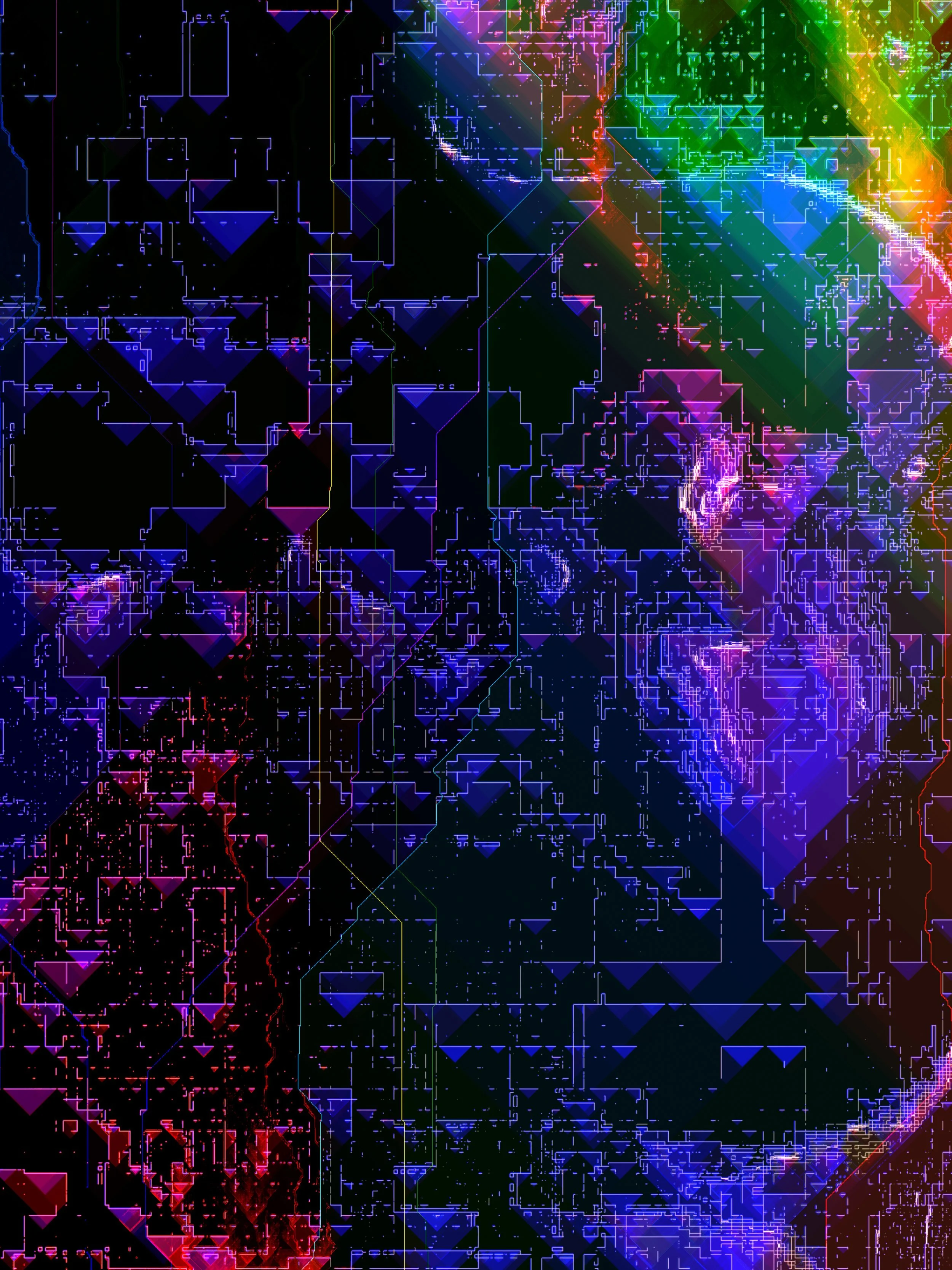 Abstract digital art with interconnected geometric shapes and colorful neon lines on a dark background. Generative Art. A Thousand Kisses Deep.