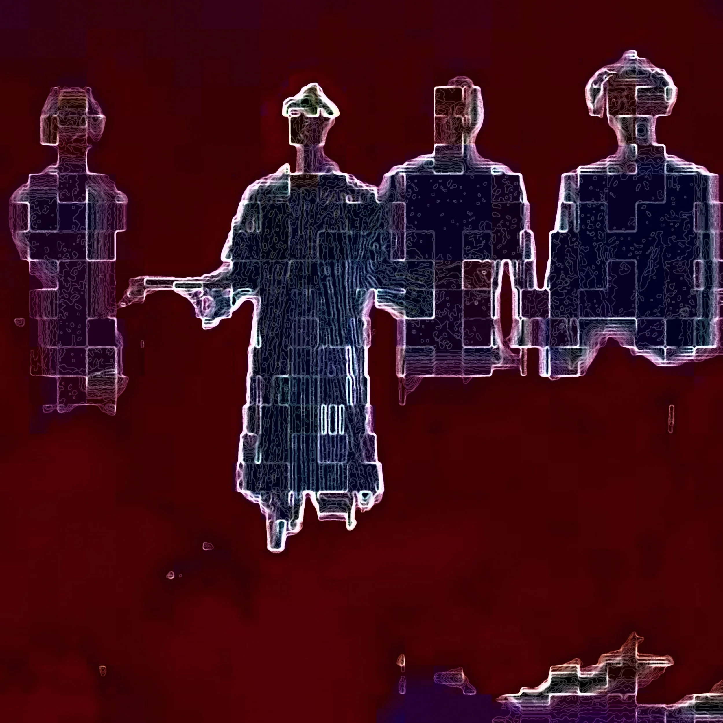 A neon outline of a family consisting of two adults and two children standing against a dark red background. Digital Art.  Generative Art