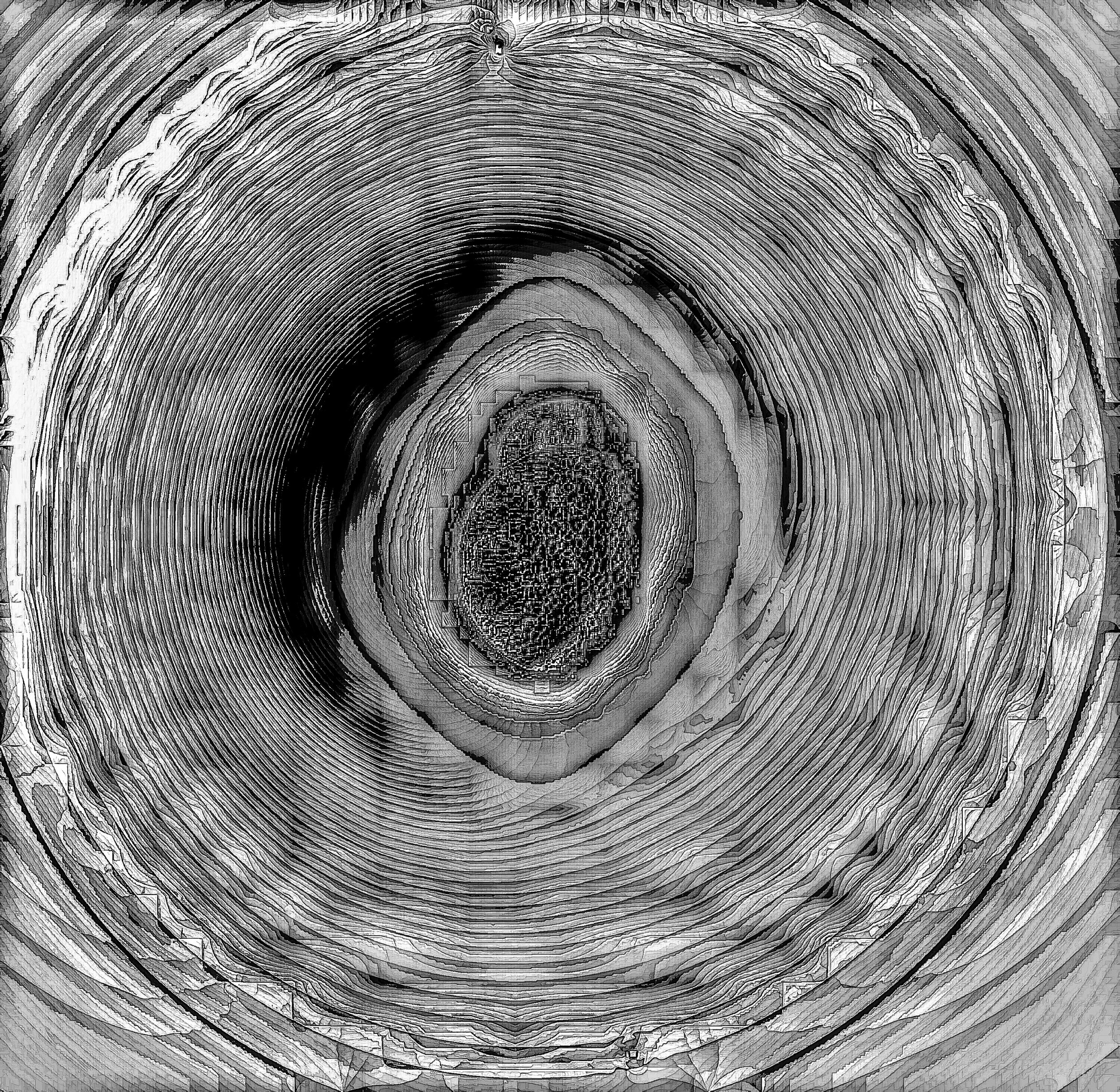 A black and white close-up of a tree trunk's cross-section, showing concentric growth rings and the central core. Generative Art