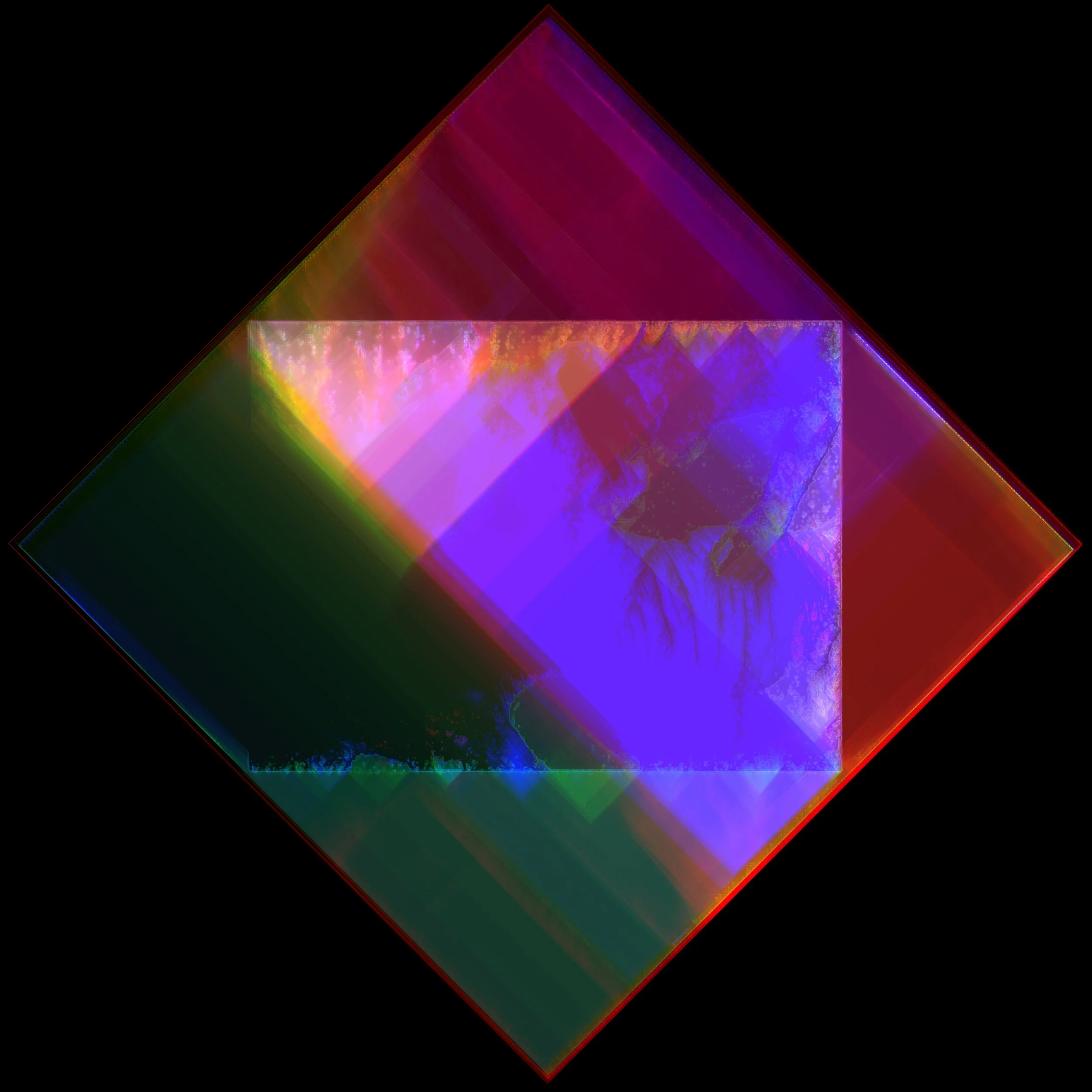 Abstract digital artwork featuring a multicolored glowing cube on a black background. Generative Art. A Thousand Kisses Deep.