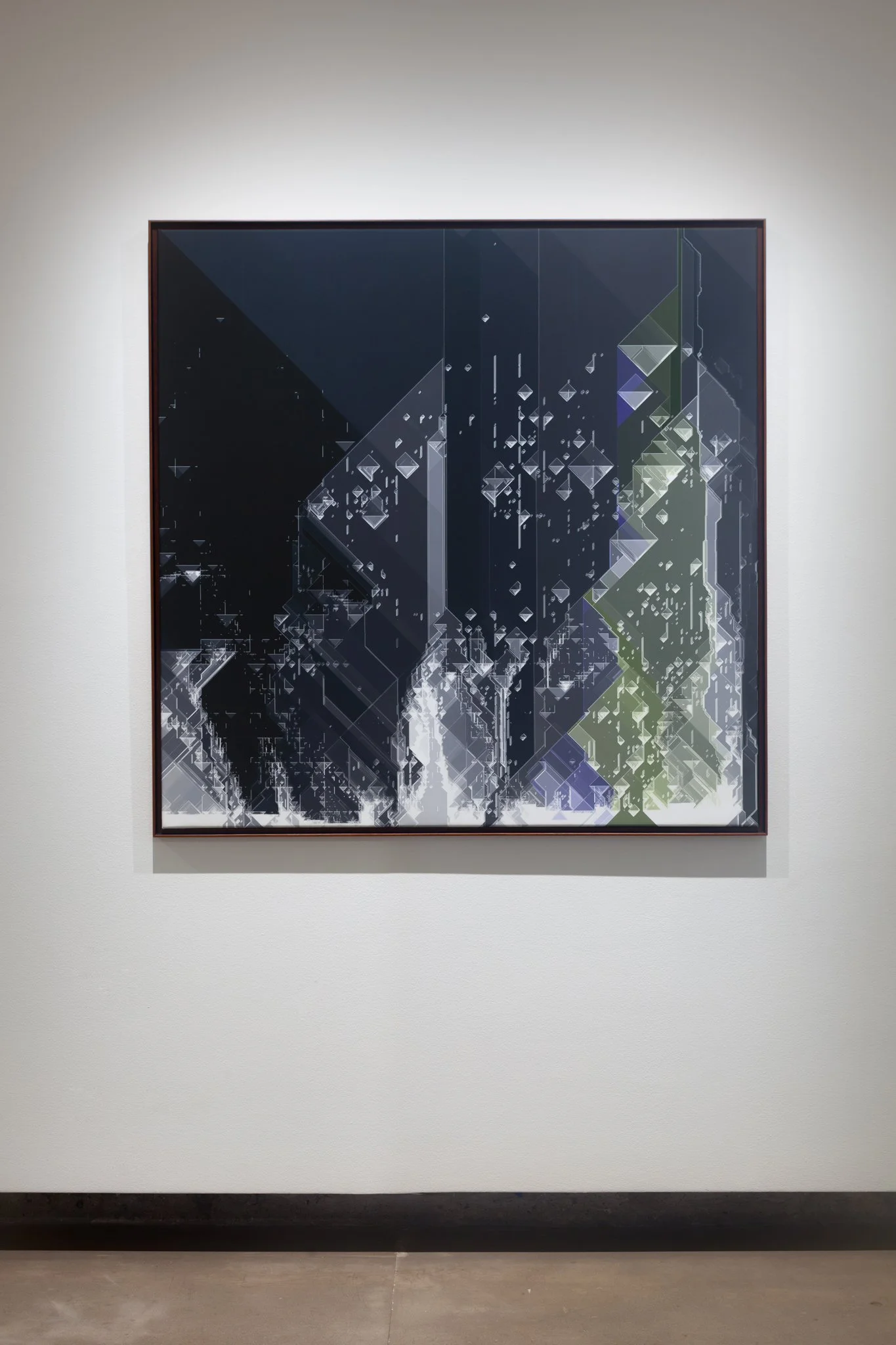 Abstract digital artwork with geometric shapes and lines in dark colors, framed and hanging on a white gallery wall.