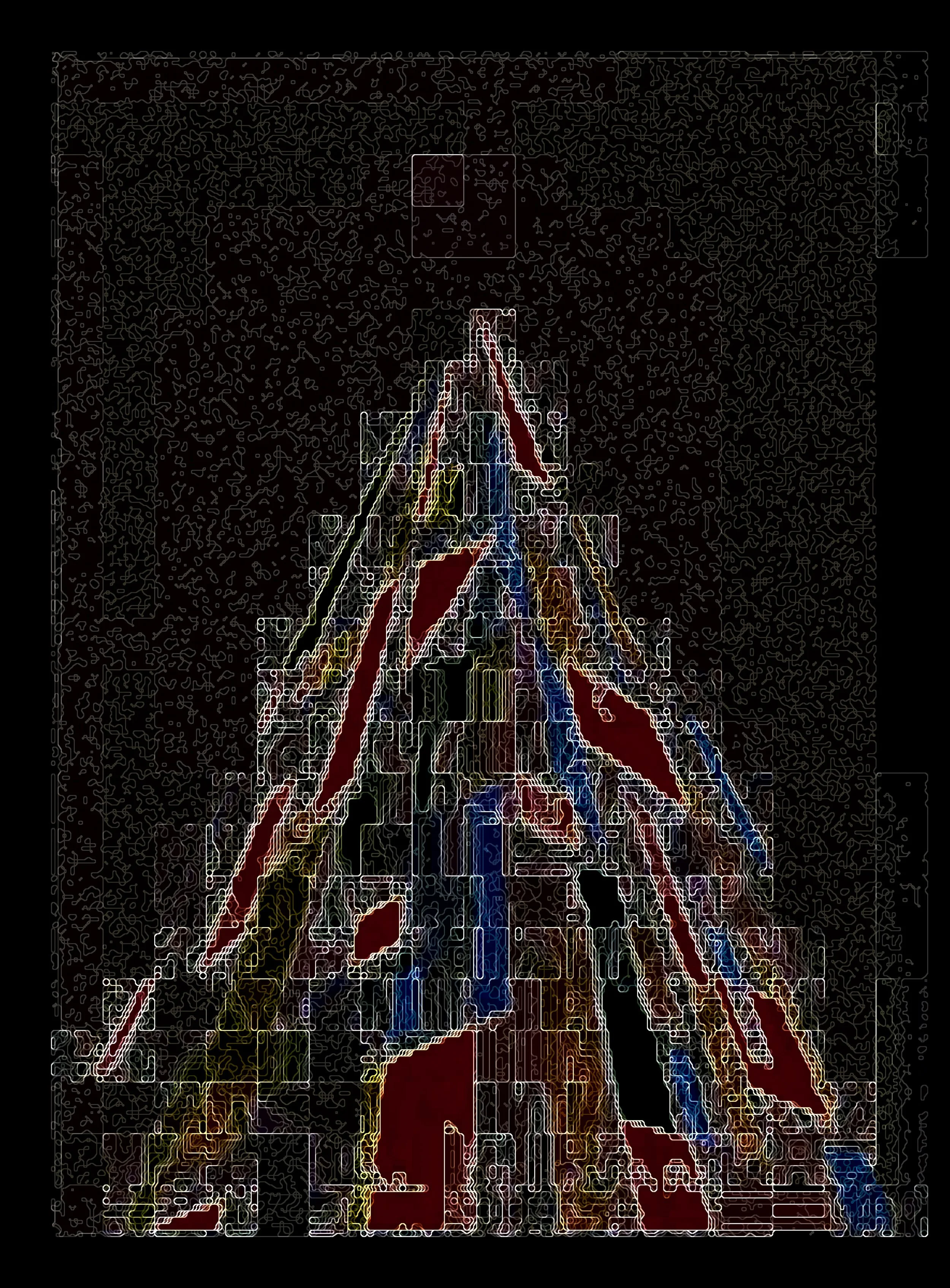 A digital, stylized outline of the Eiffel Tower with colorful neon-like lines on a black background. Digital Art.  Generative Art