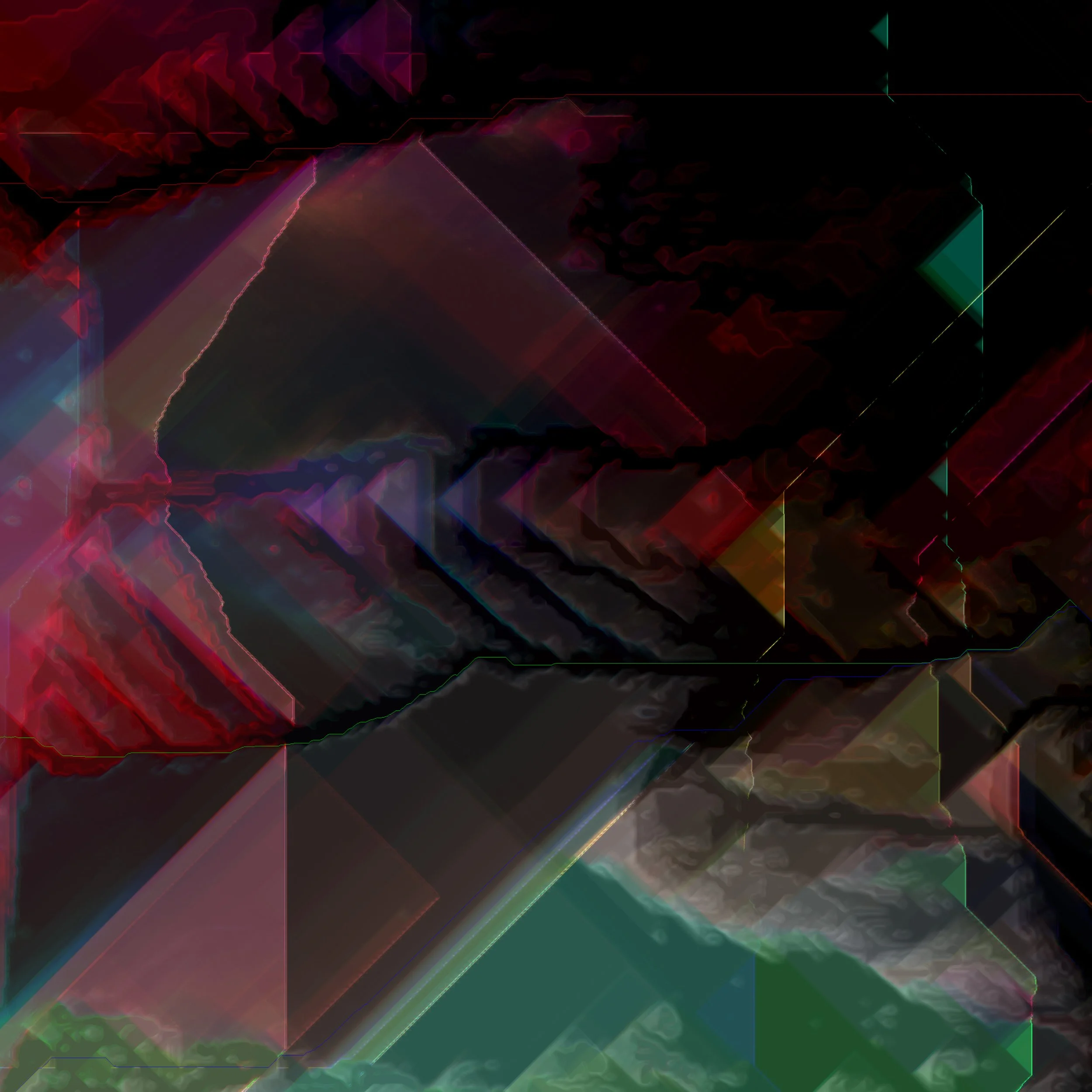 Abstract digital artwork with dark background, bright neon-colored geometric shapes, and lines creating a layered, futuristic appearance.