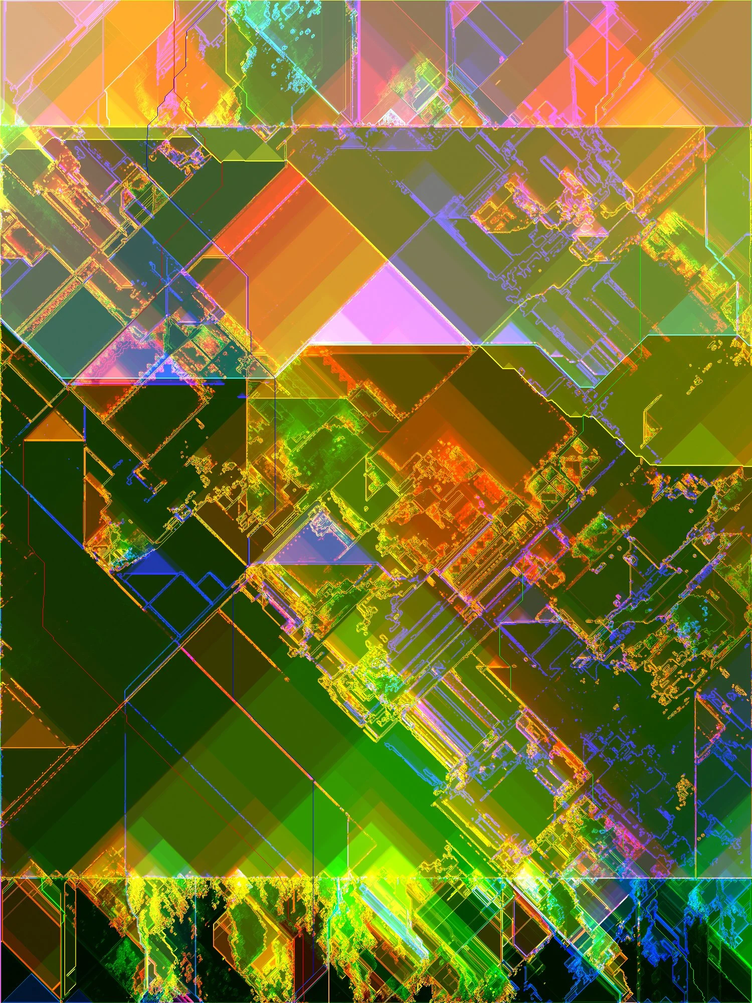 Abstract digital artwork with multicolored geometric shapes, lines, and circuit-like patterns in neon shades of green, pink, blue, yellow, and orange. Generative Art. A Thousand Kisses Deep.