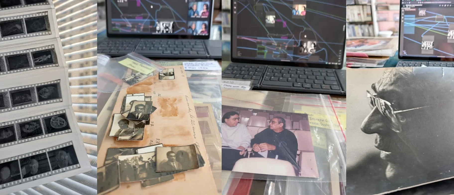A collage of photographs including black-and-white film negatives, a laptop displaying a network or social media map, photographs and notes on a table, and a close-up of a person wearing glasses.