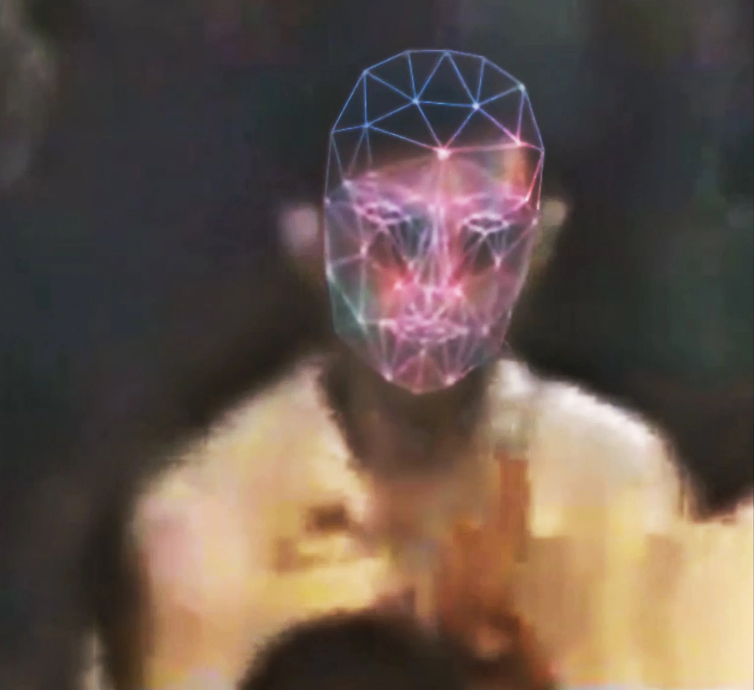 A person with a digital wireframe face overlay, with neon pink and blue lines, on a blurred background. Digital Art. Generative Art. Face detection
