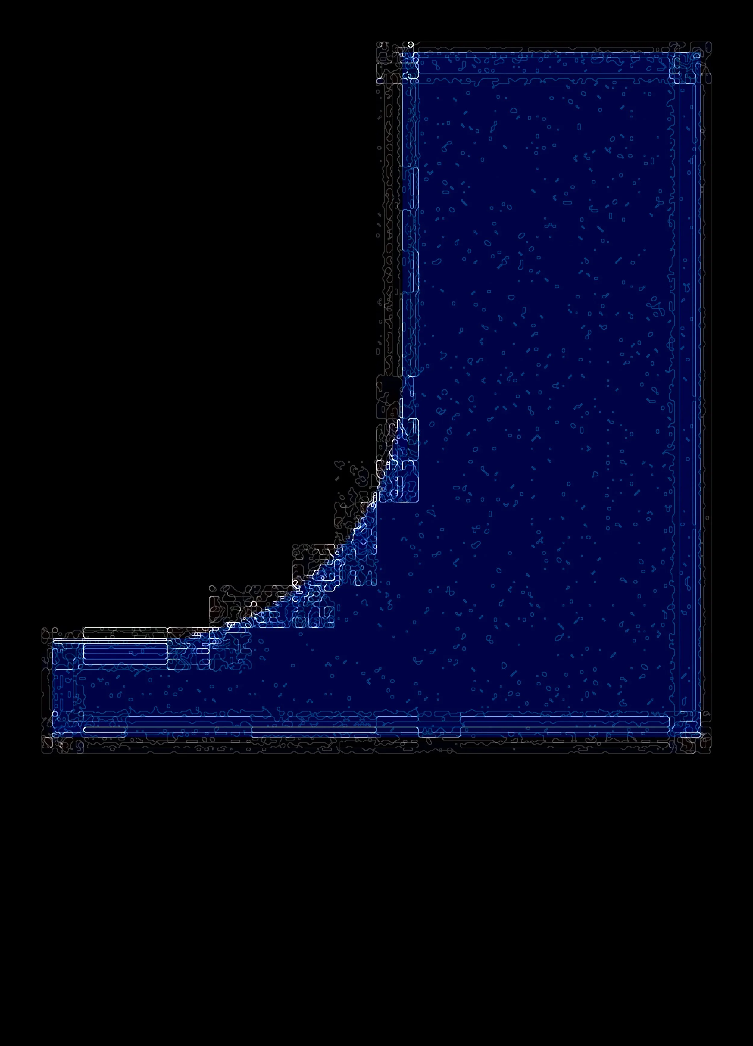 Stylized digital outline of an L-shaped computer desk with a blue top and a black backdrop. Digital Art.  Generative Art