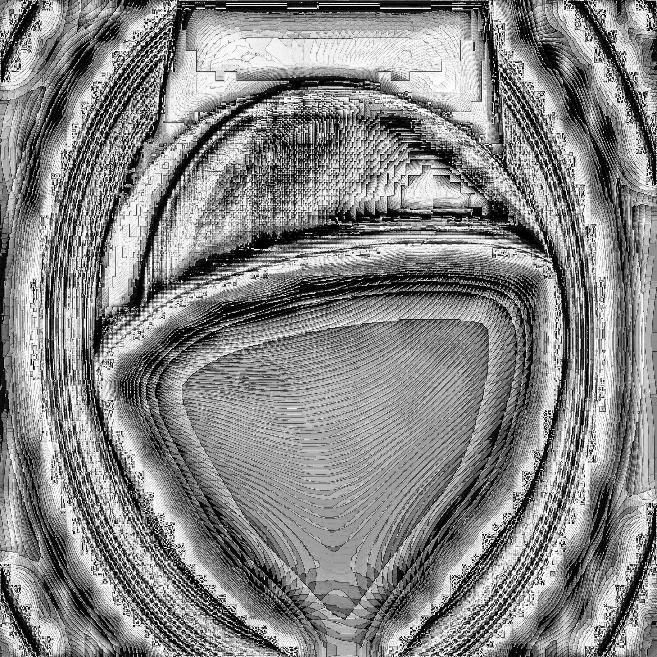Abstract black and white digital artwork with intricate, layered contours and patterns resembling a stylized eye or concentric shapes. Generative Art