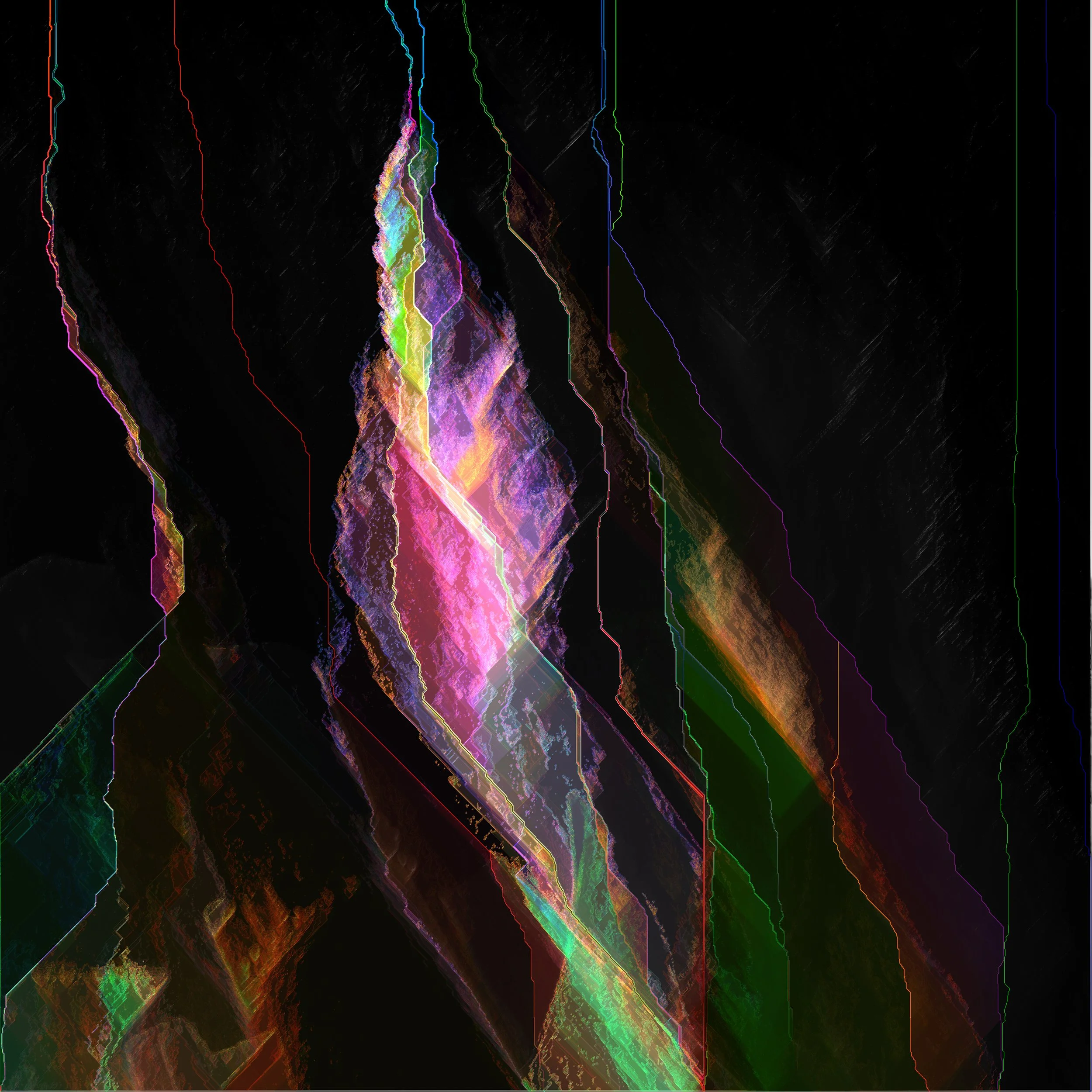 An abstract digital art image with jagged lines and vibrant colors on a black background.
