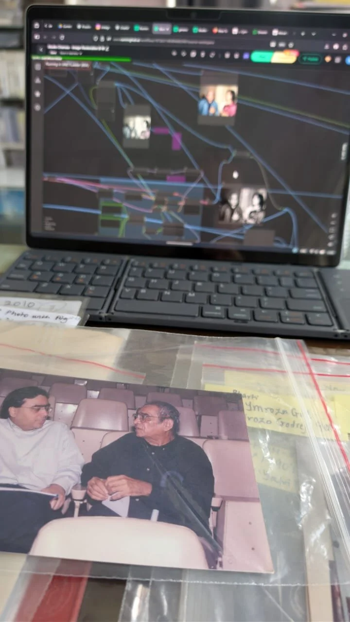 A computer screen displaying a digital network diagram with interconnected nodes and images of peoples, situated on a desk. A printed photograph of two men conversing, one with glasses, is in the foreground on a plastic sheet with handwritten notes.