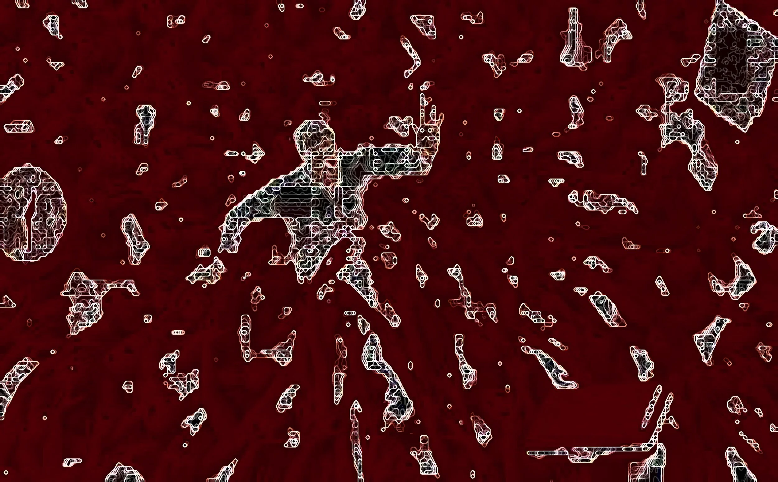Digital illustration of a man in mid-air, surrounded by debris, with a dark red background. Digital Art.  Generative Art