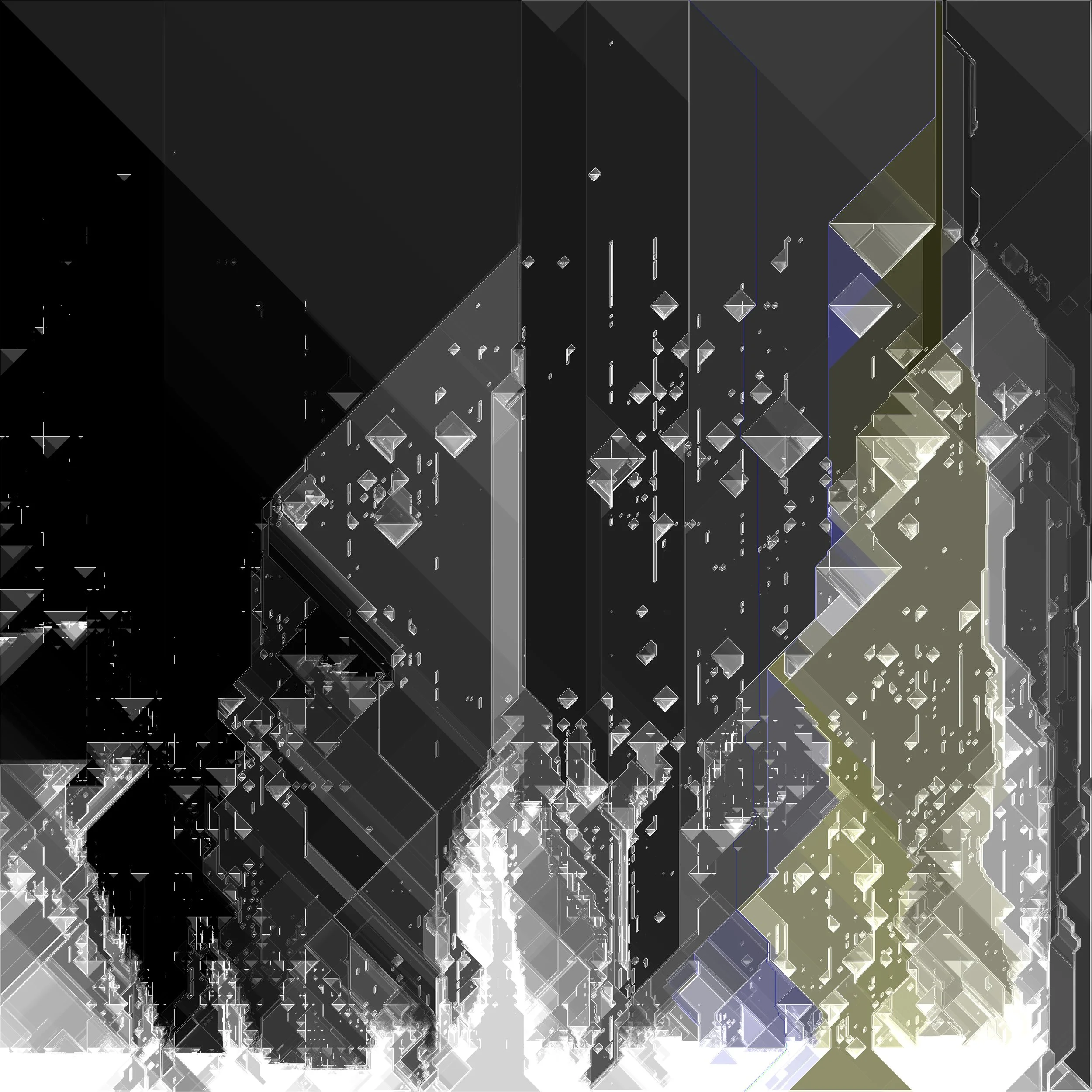 Abstract digital artwork with geometric shapes, lines, and pixelation effects in black, white, gray, and light yellow.