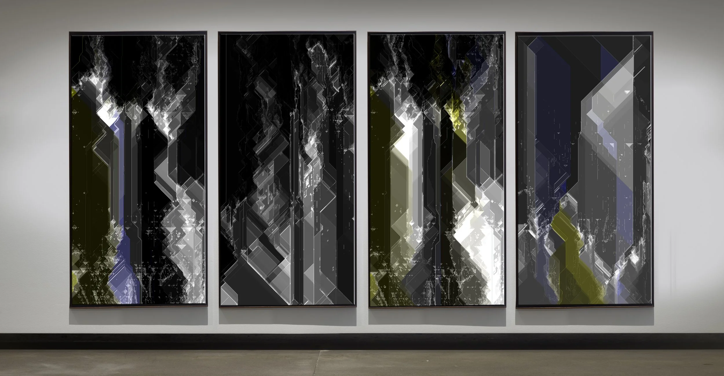 Four large abstract paintings with geometric shapes and lines in black, white, gray, blue, and olive green, displayed side by side on a gallery wall.