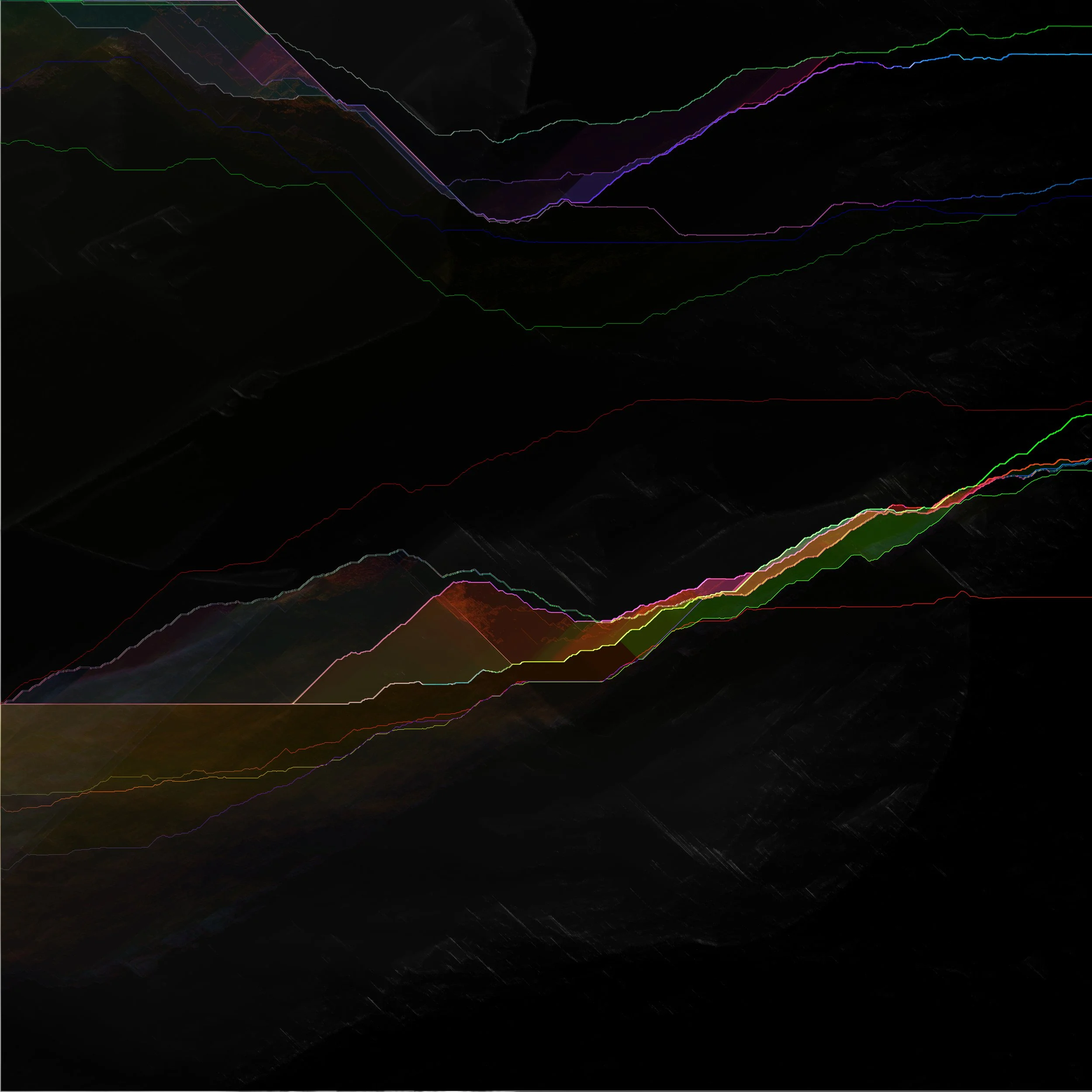 Abstract digital art of multicolored wave lines and shapes on a dark background. Generative Art. A Thousand Kisses Deep.