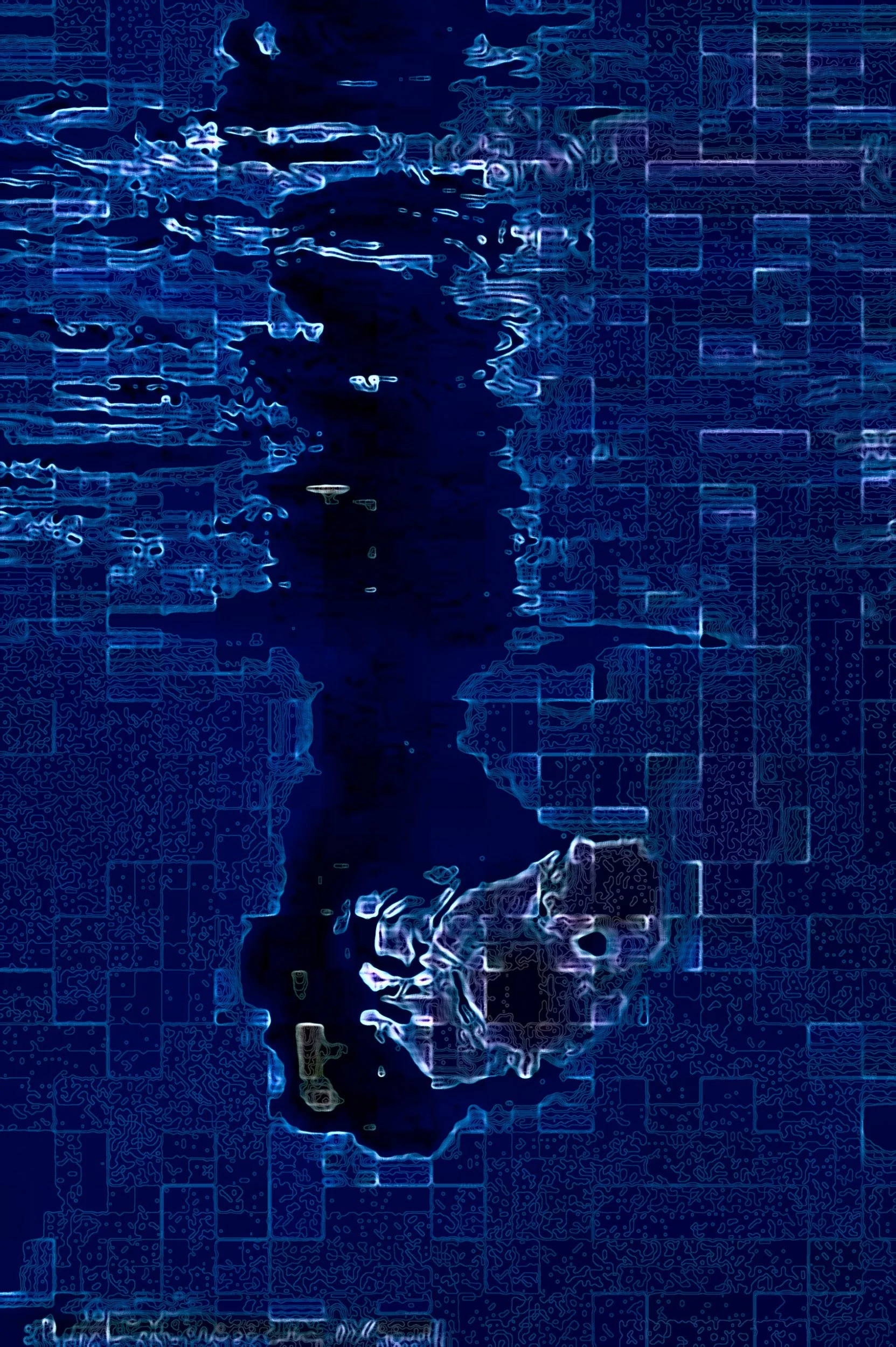 Abstract digital image of Lake Victoria with digital overlays and neon lights, highlighting the outline of the lake and surrounding areas. Digital Art.  Generative Art