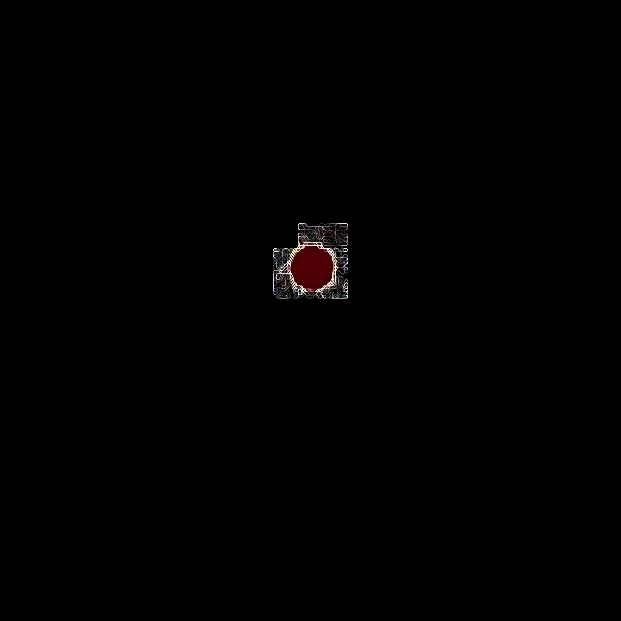 A black background with a small, illuminated red circle in the center surrounded by white outline, abstract lines, and patterns. Digital Art.  Generative Art