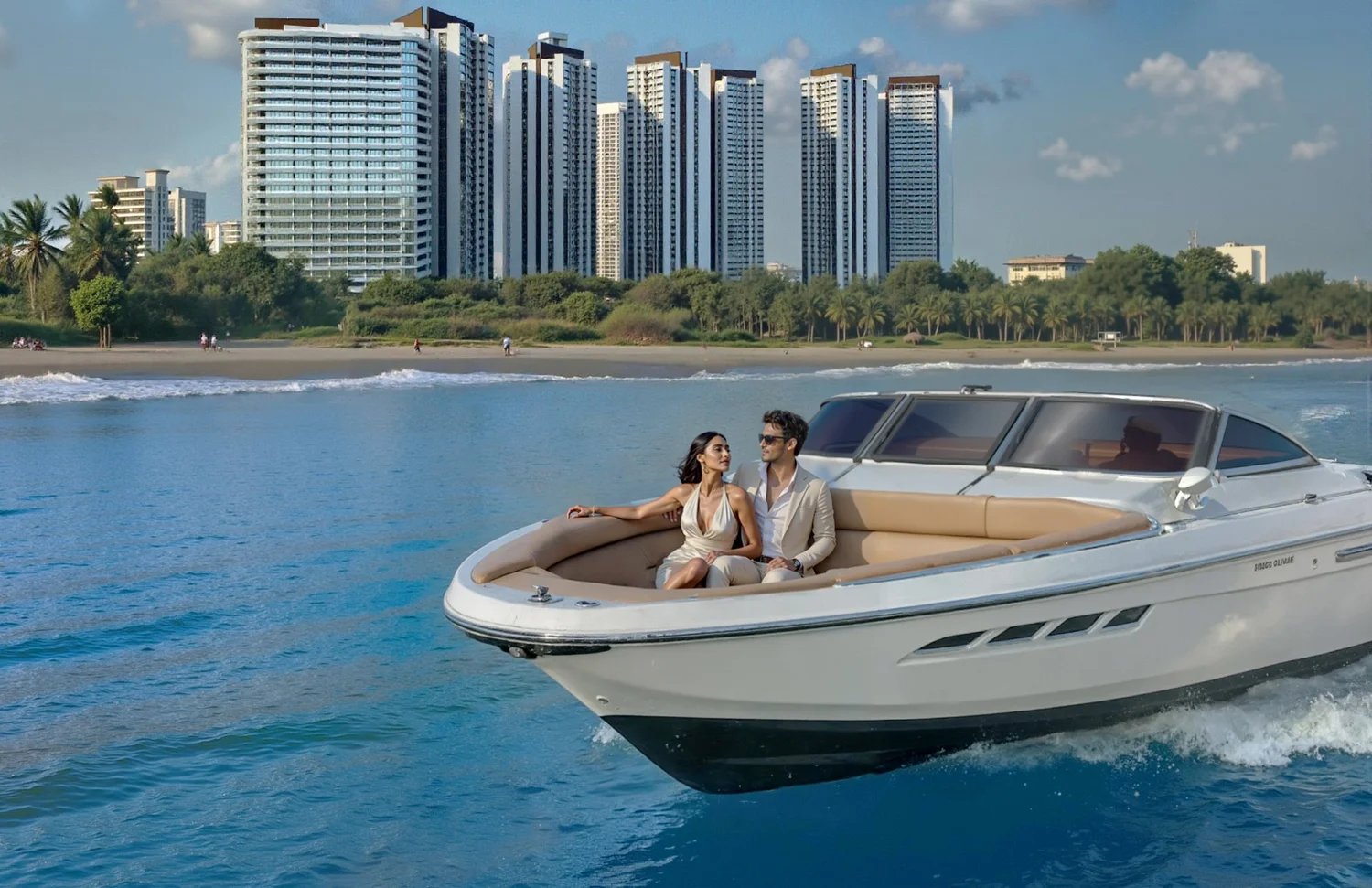 Second Sunteck visual — a couple on a yacht with the city skyline and beach behind.