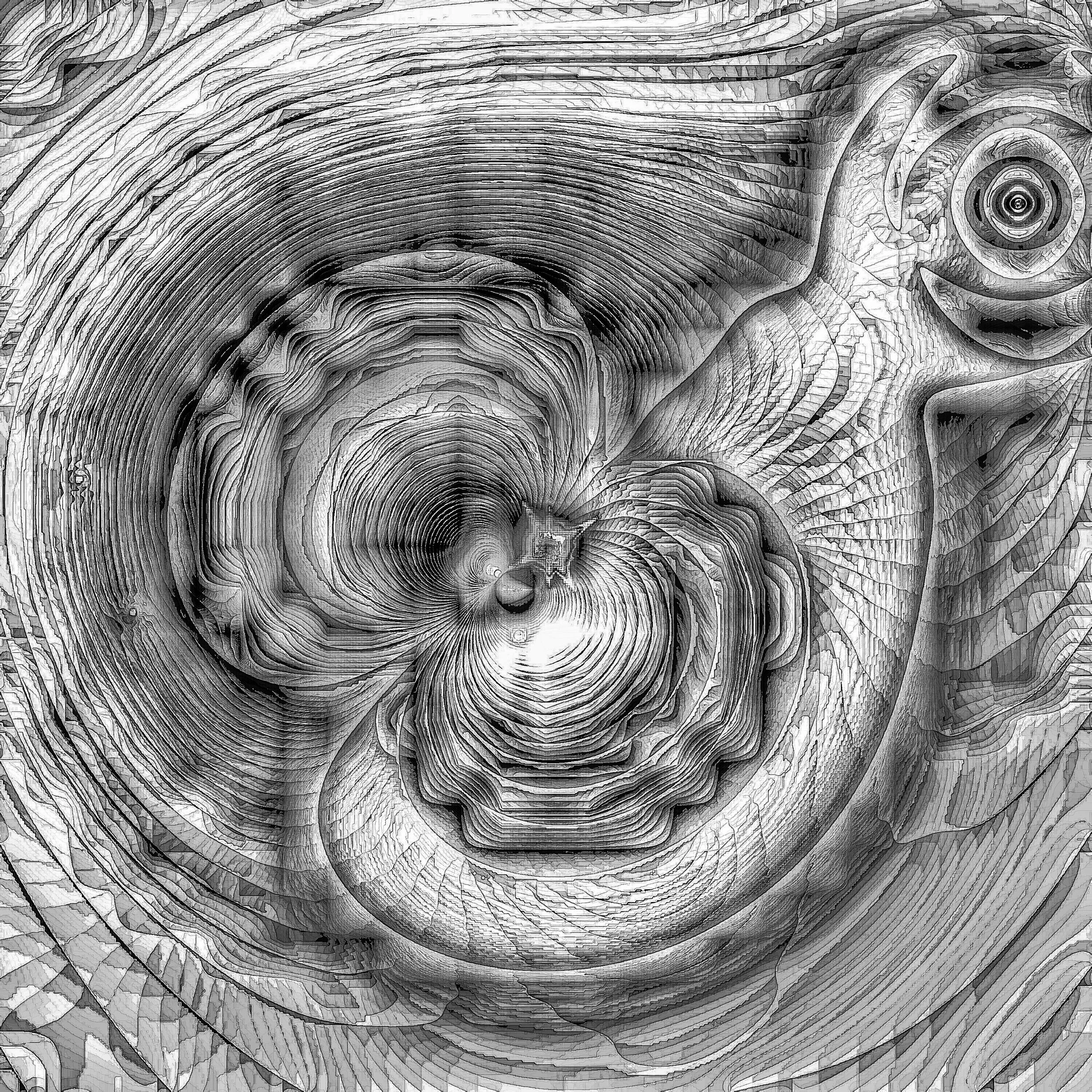 A black and white abstract image with swirling, layered geometric patterns resembling a spiral or vortex. Generative Art
