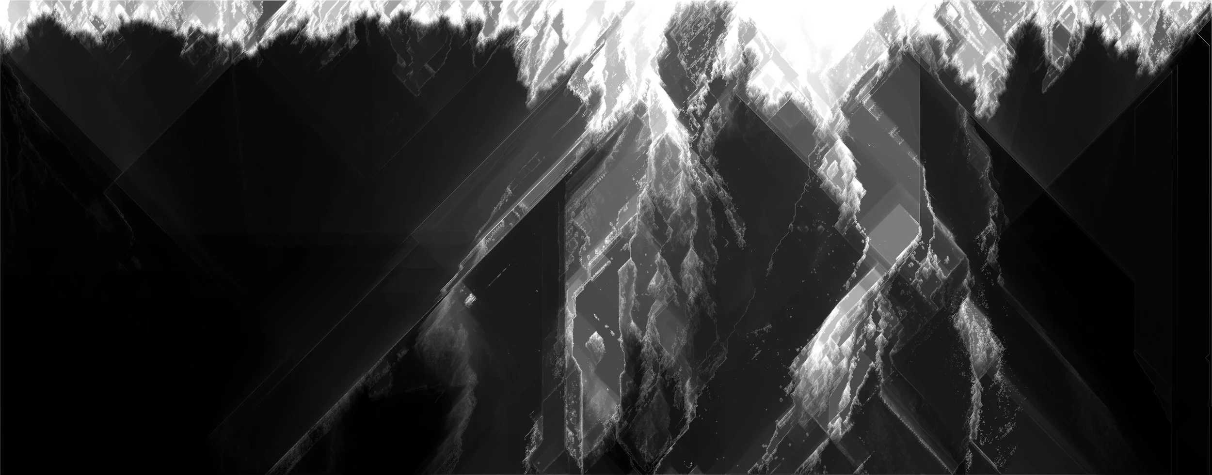 Abstract black and white geometric digital art with sharp diagonal lines and textured patterns resembling lightning or electrical discharges. Generative Art. A Thousand Kisses Deep.